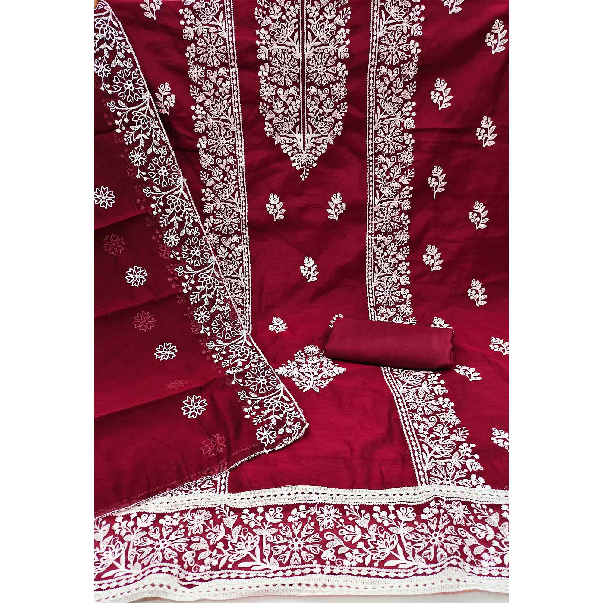 Maroon Cotton Blend Unstitched Suit Material with Soft Floral Embroidery Work