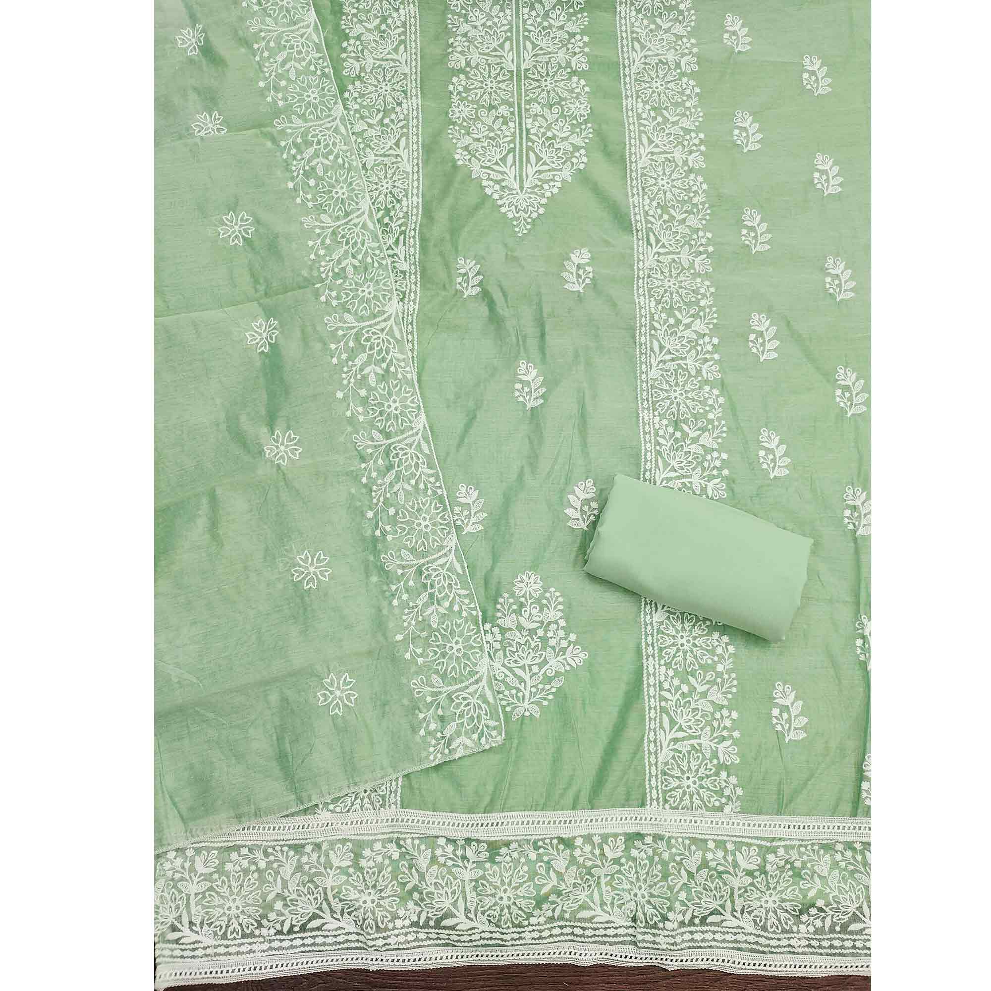 Pista Green Cotton Blend Unstitched Suit Material with Soft Floral Embroidery Work