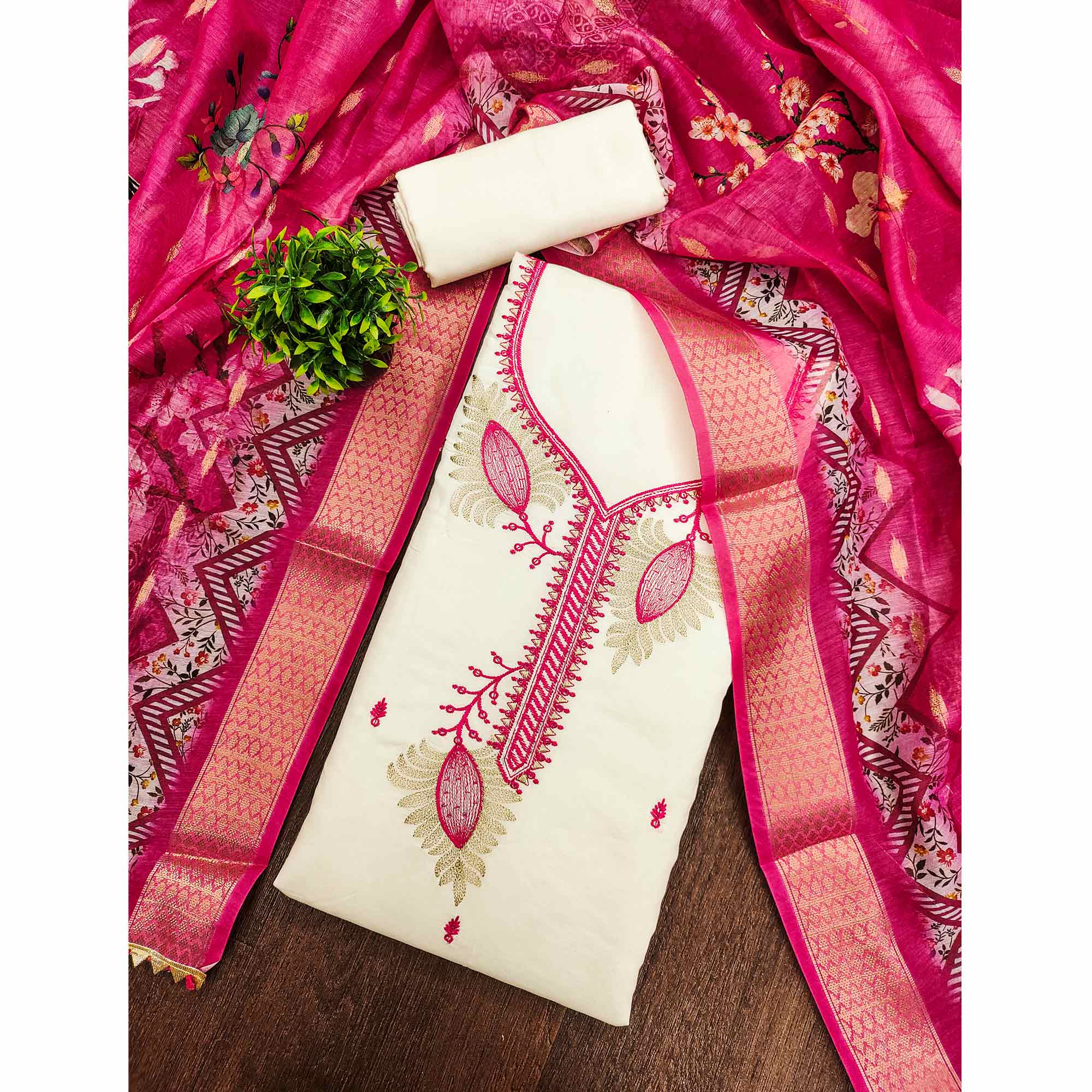 Elegant Cream & Pink Floral Embroidered Roman Cotton Silk Dress Material With Subtle Sequins Work