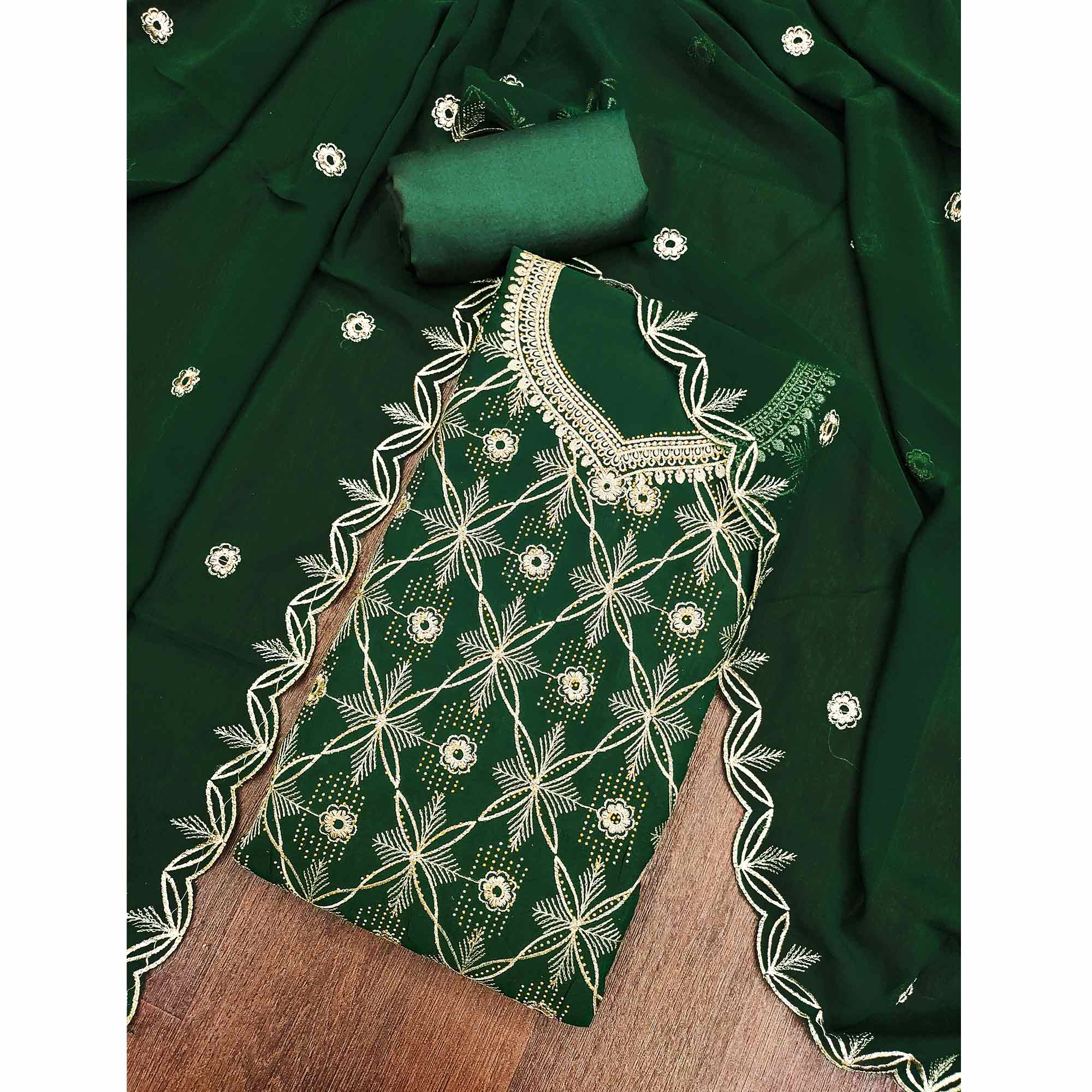 Premium Green Floral Embroidered Georgette Dress Material Accentuated With Swarovski Detailing