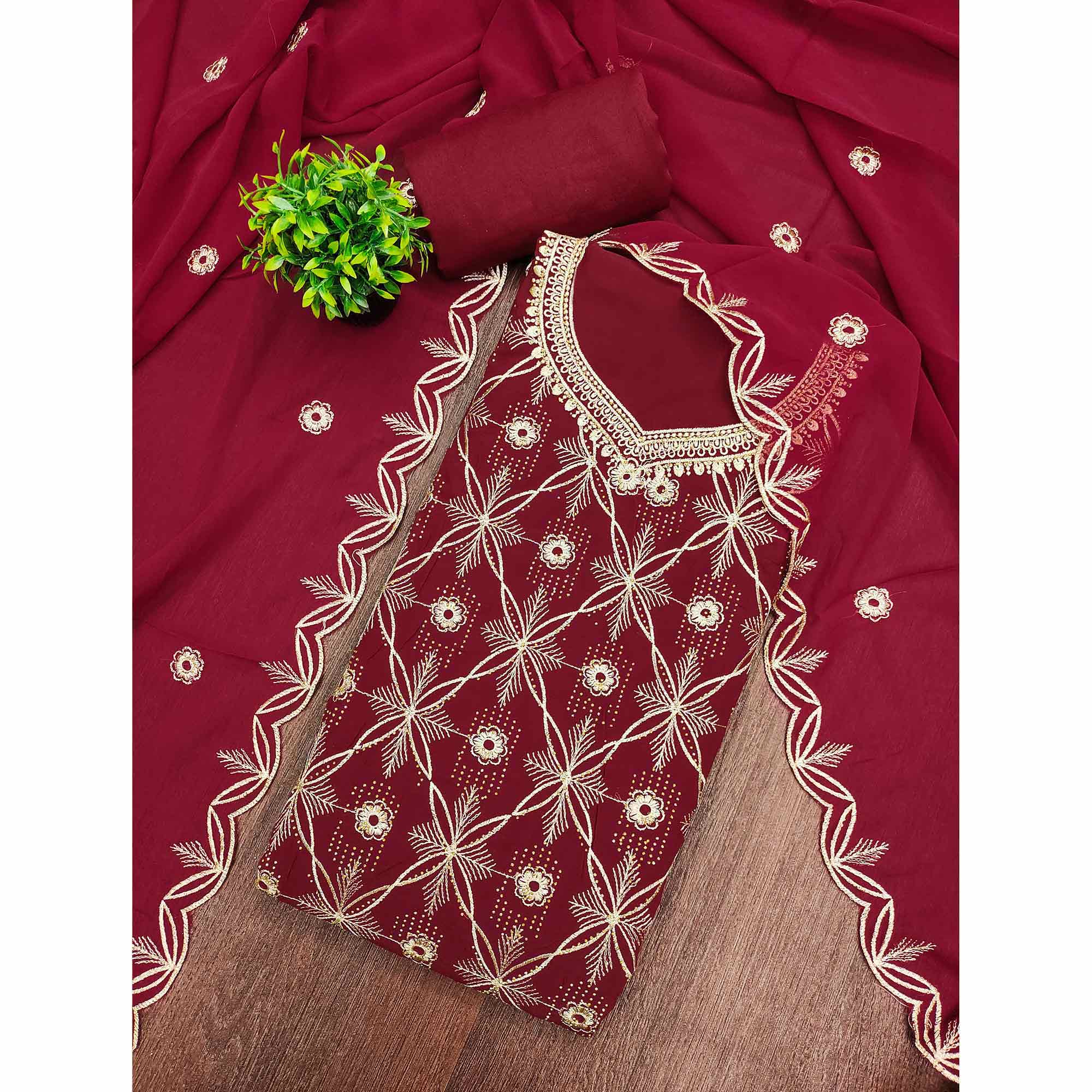 Premium Maroon Floral Embroidered Georgette Dress Material Accentuated With Swarovski Detailing