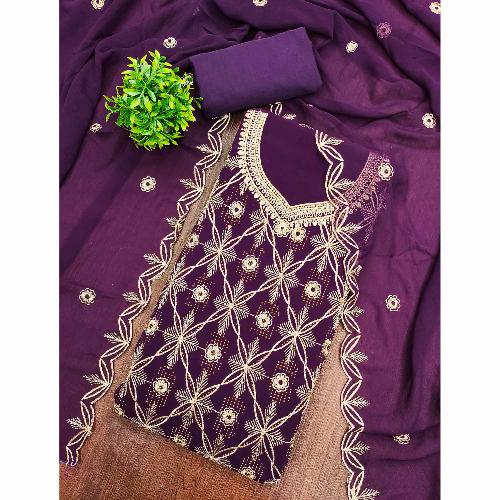 Premium Purple Floral Embroidered Georgette Dress Material Accentuated With Swarovski Detailing