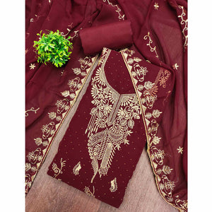 Ethnic Maroon Floral Embroidered Georgette Dress Material With Shimmering Swarovski Accents