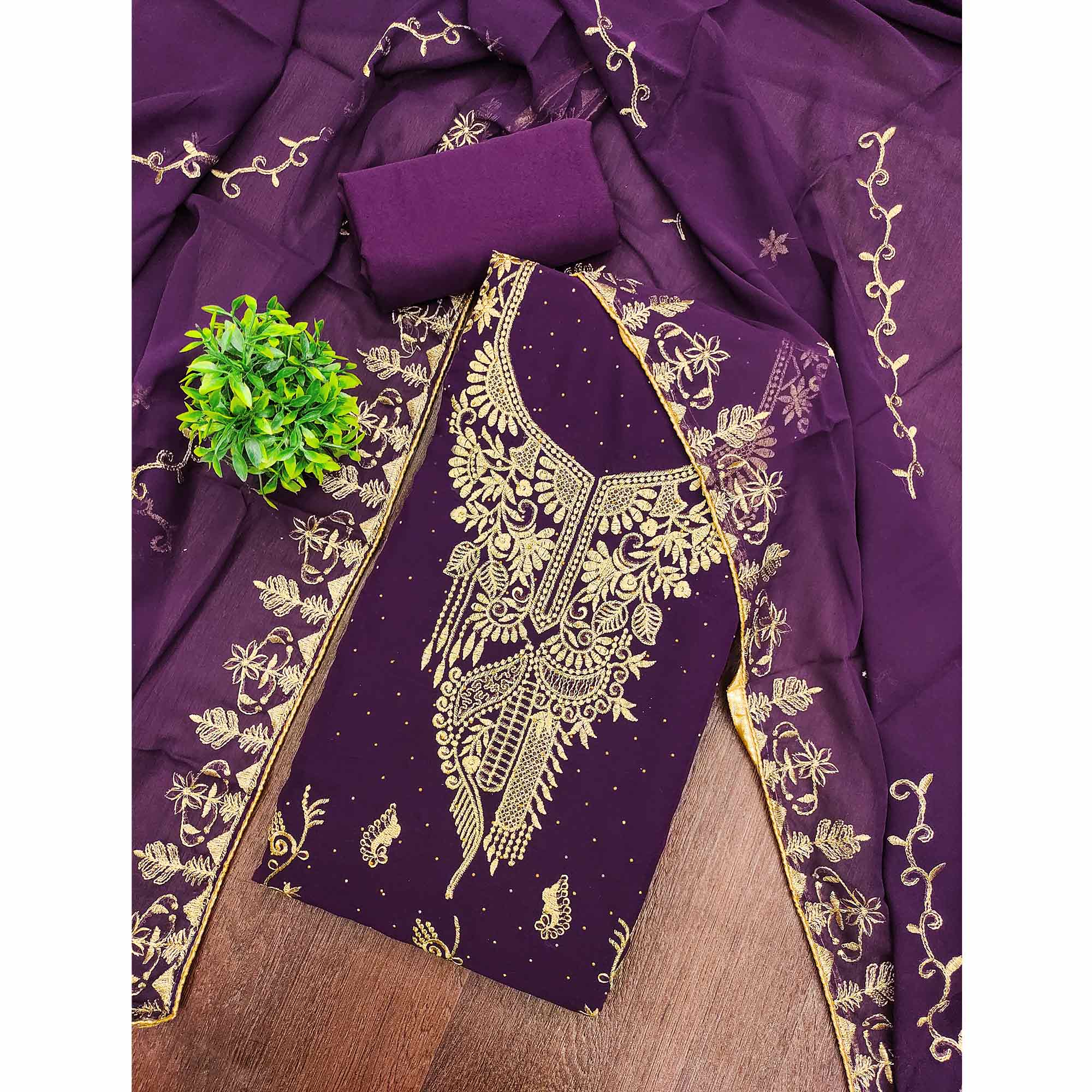 Ethnic Purple Floral Embroidered Georgette Dress Material With Shimmering Swarovski Accents