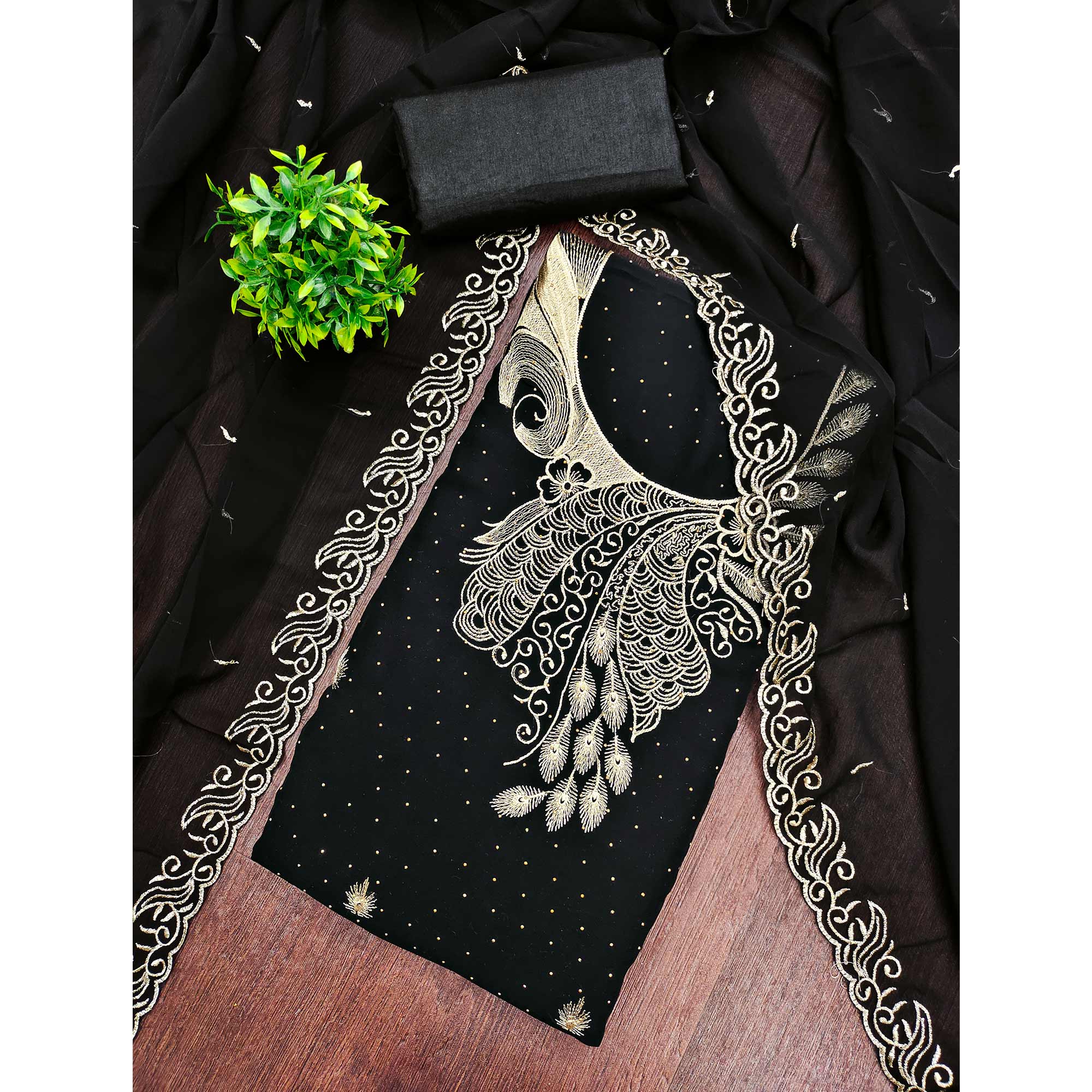 Sophisticated Black Floral Embroidered Georgette Dress Material Enhanced With Fine Swarovski Work