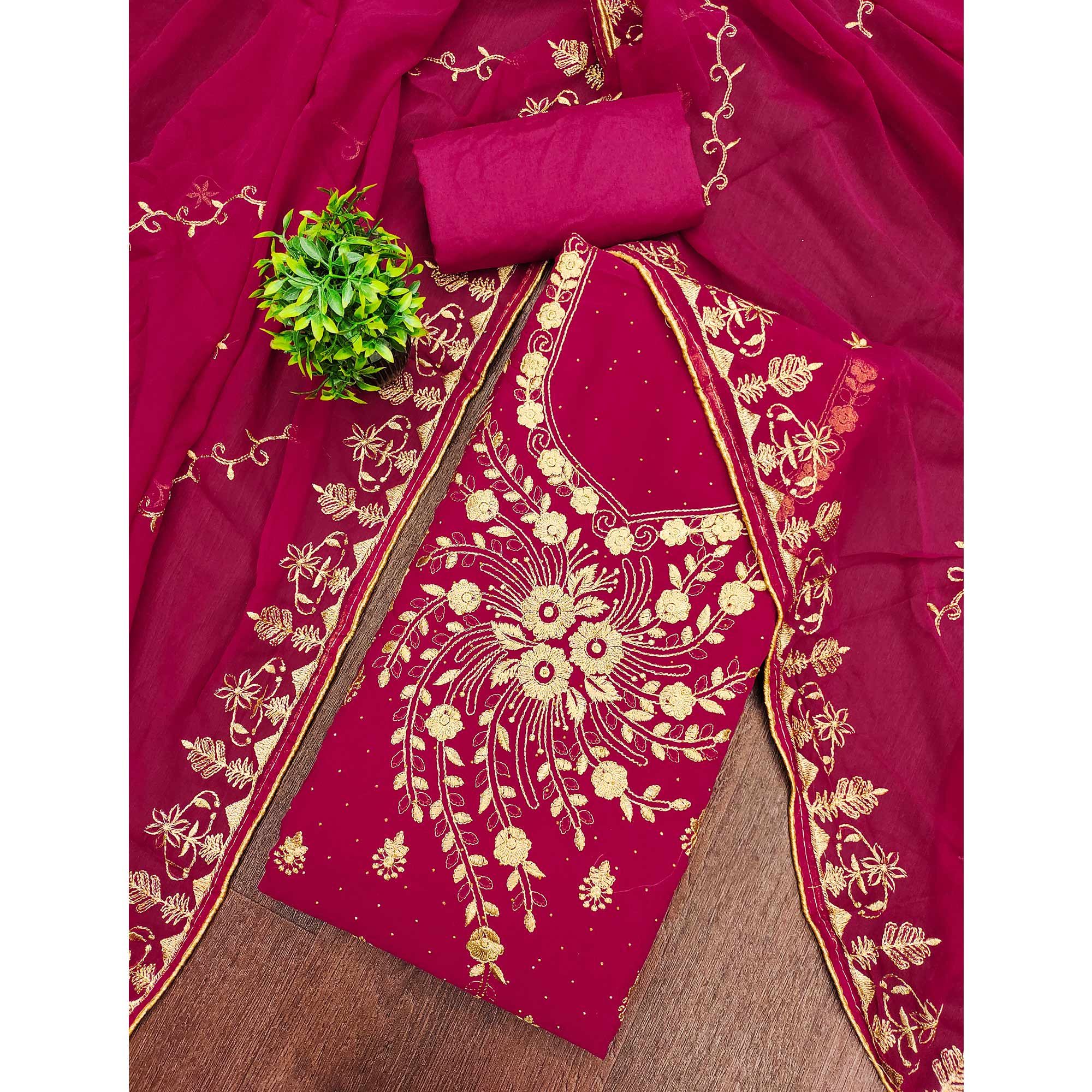 Classic Pink Floral Embroidery Georgette Dress Material With Subtle Swarovski Embellishments