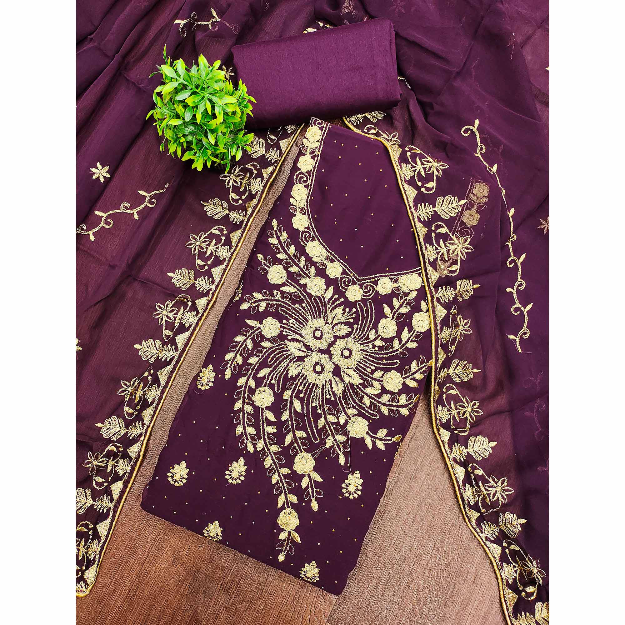 Classic Purple Floral Embroidery Georgette Dress Material With Subtle Swarovski Embellishments