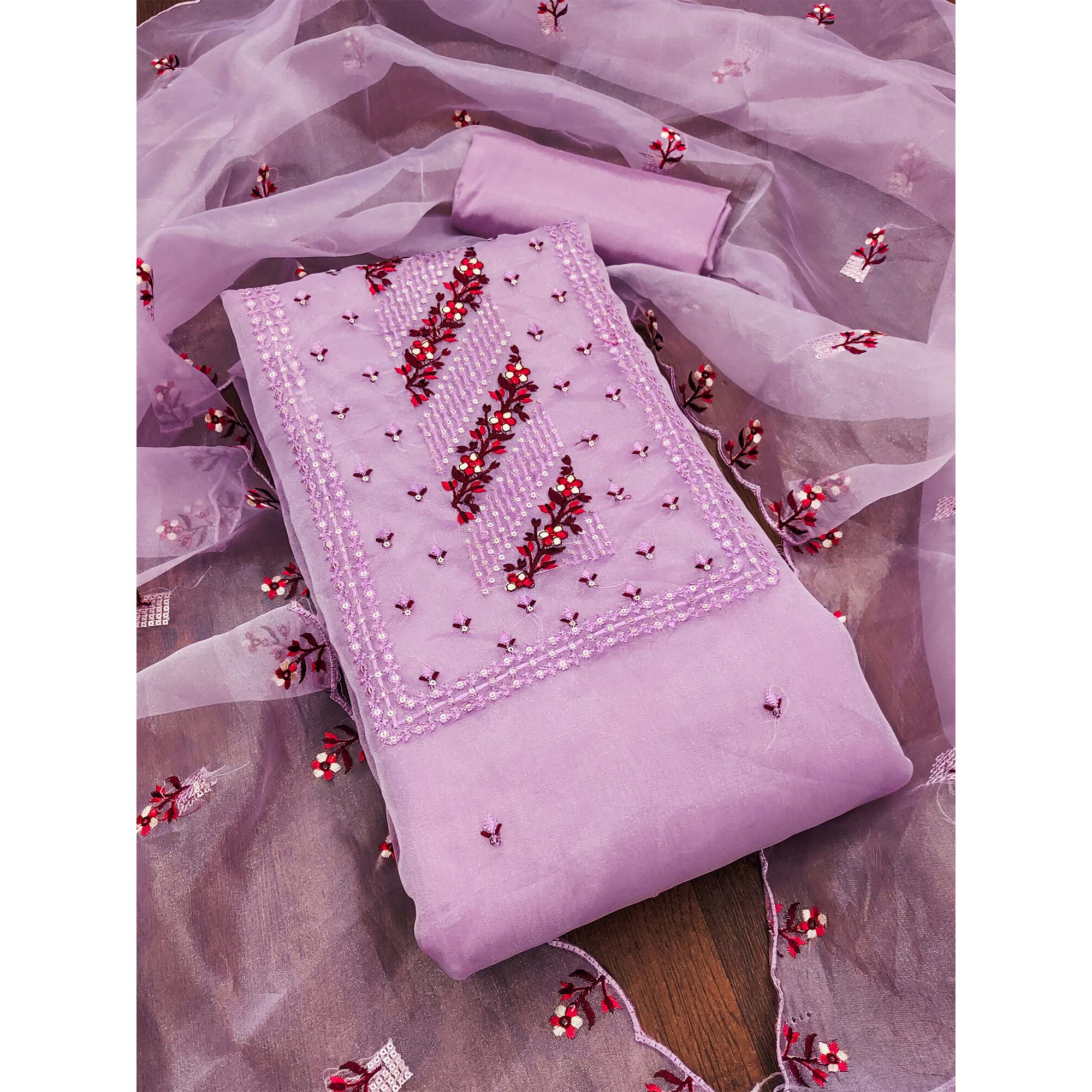 Light Lavendar Floral Sequins Embroidered Organza Dress Material
