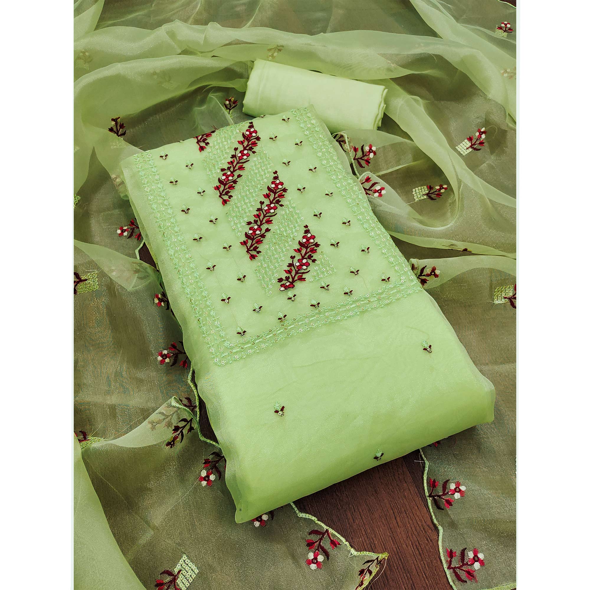 Pista Green Floral Sequins Embroidered Organza Dress Material