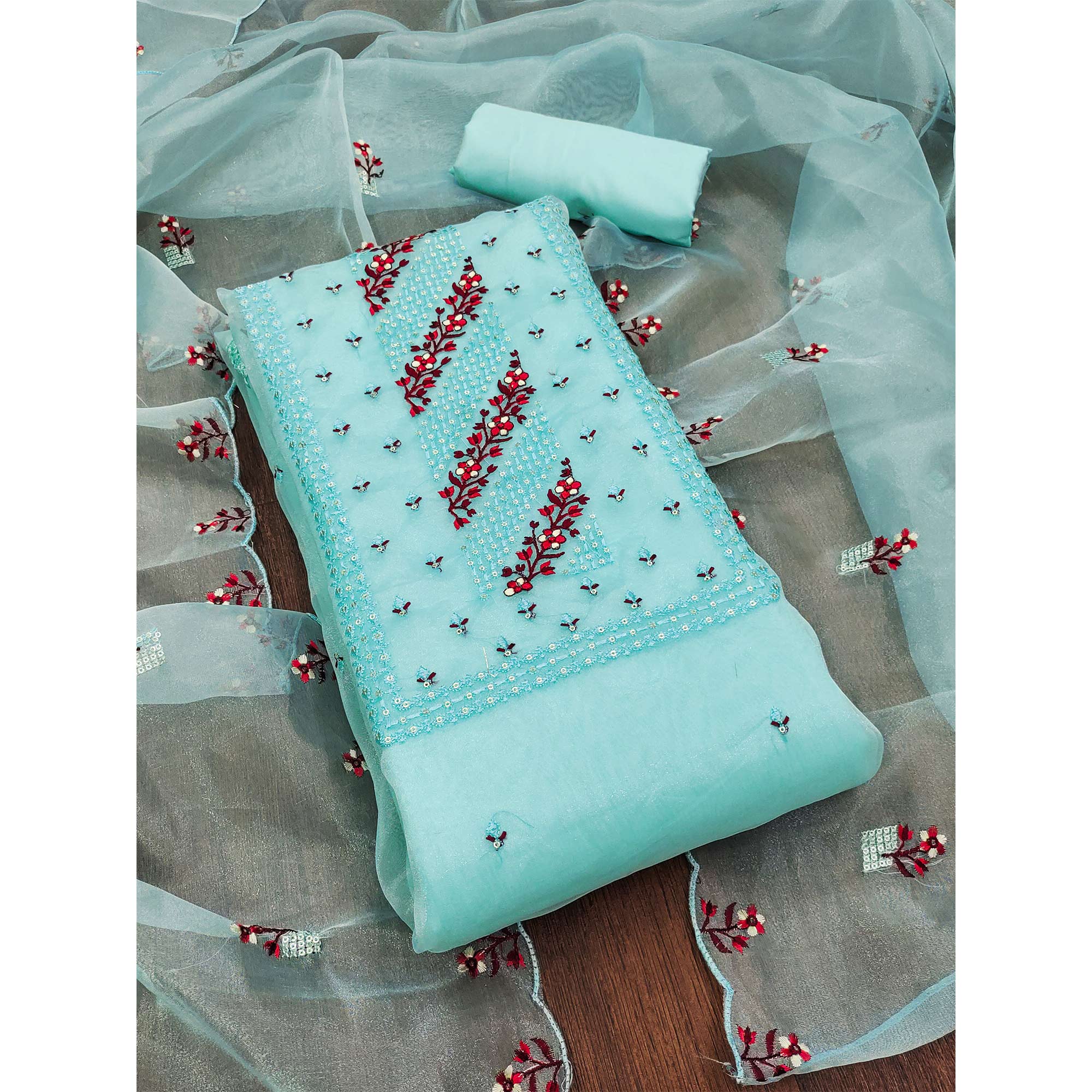 Sky Blue Floral Sequins Embroidered Organza Dress Material