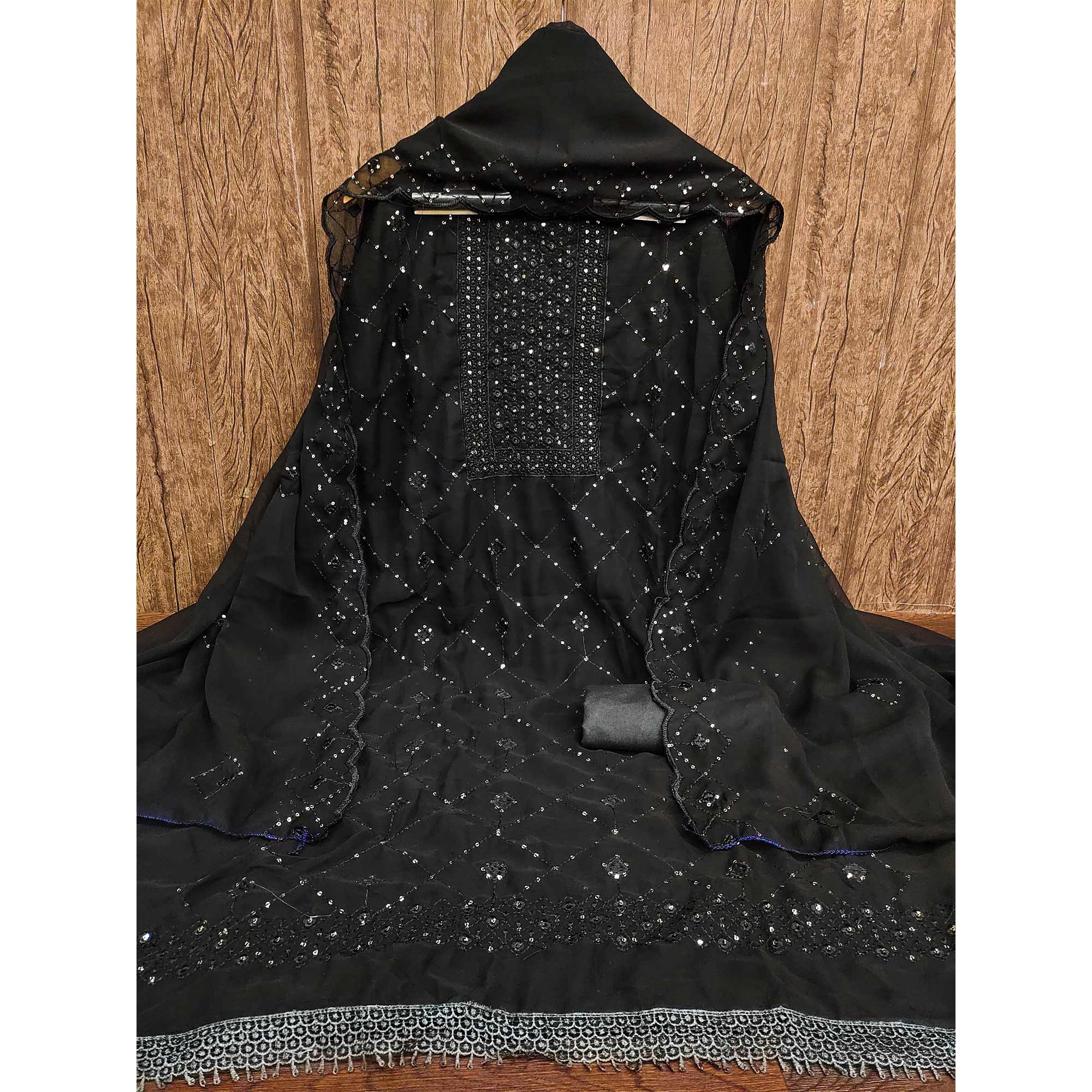 Black Georgette Dress Material Featuring Delicate Thread Embroidery & Sequin Accent