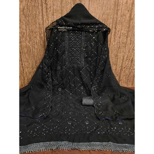 Black Georgette Dress Material Featuring Delicate Thread Embroidery & Sequin Accent