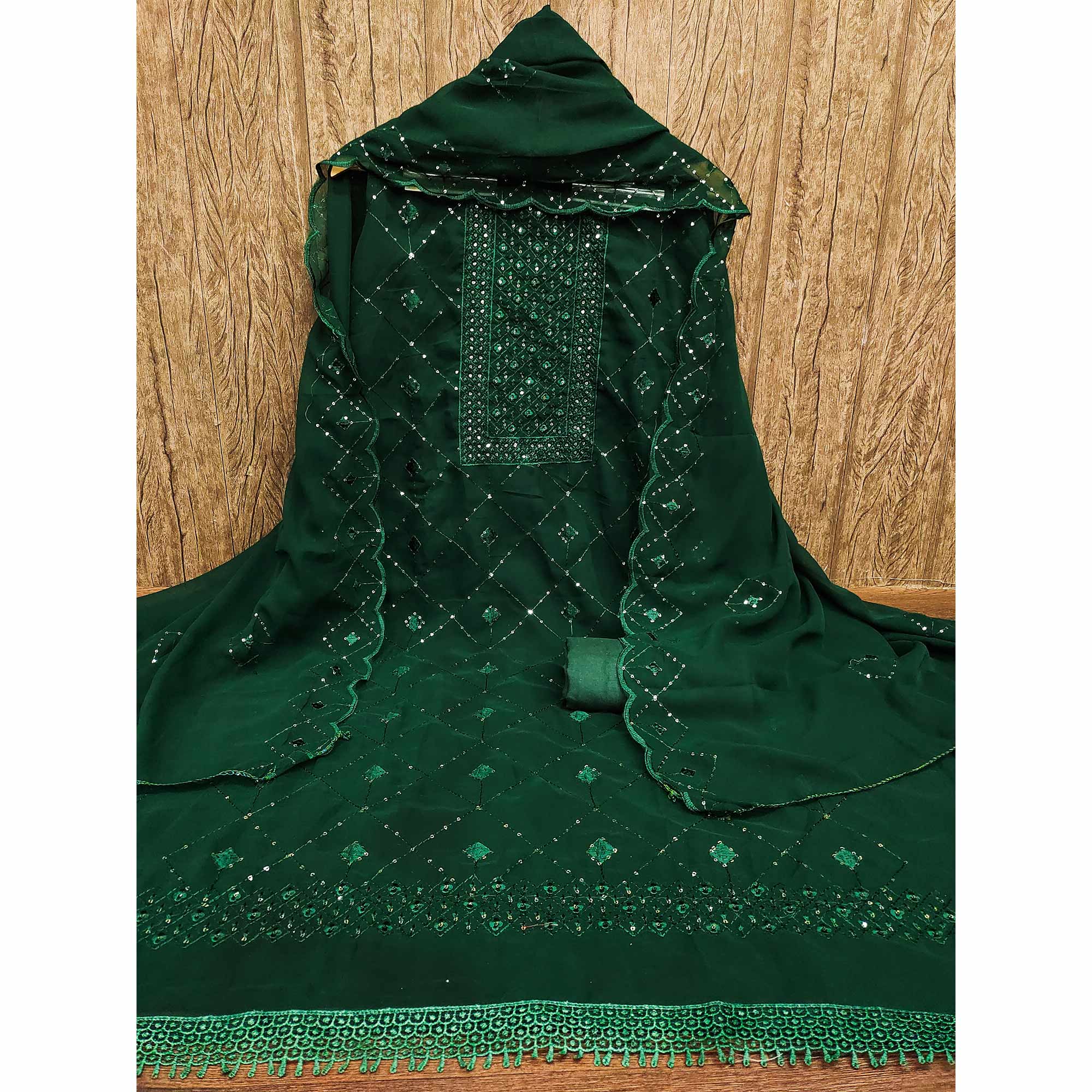 Green Georgette Dress Material Featuring Delicate Thread Embroidery & Sequin Accent