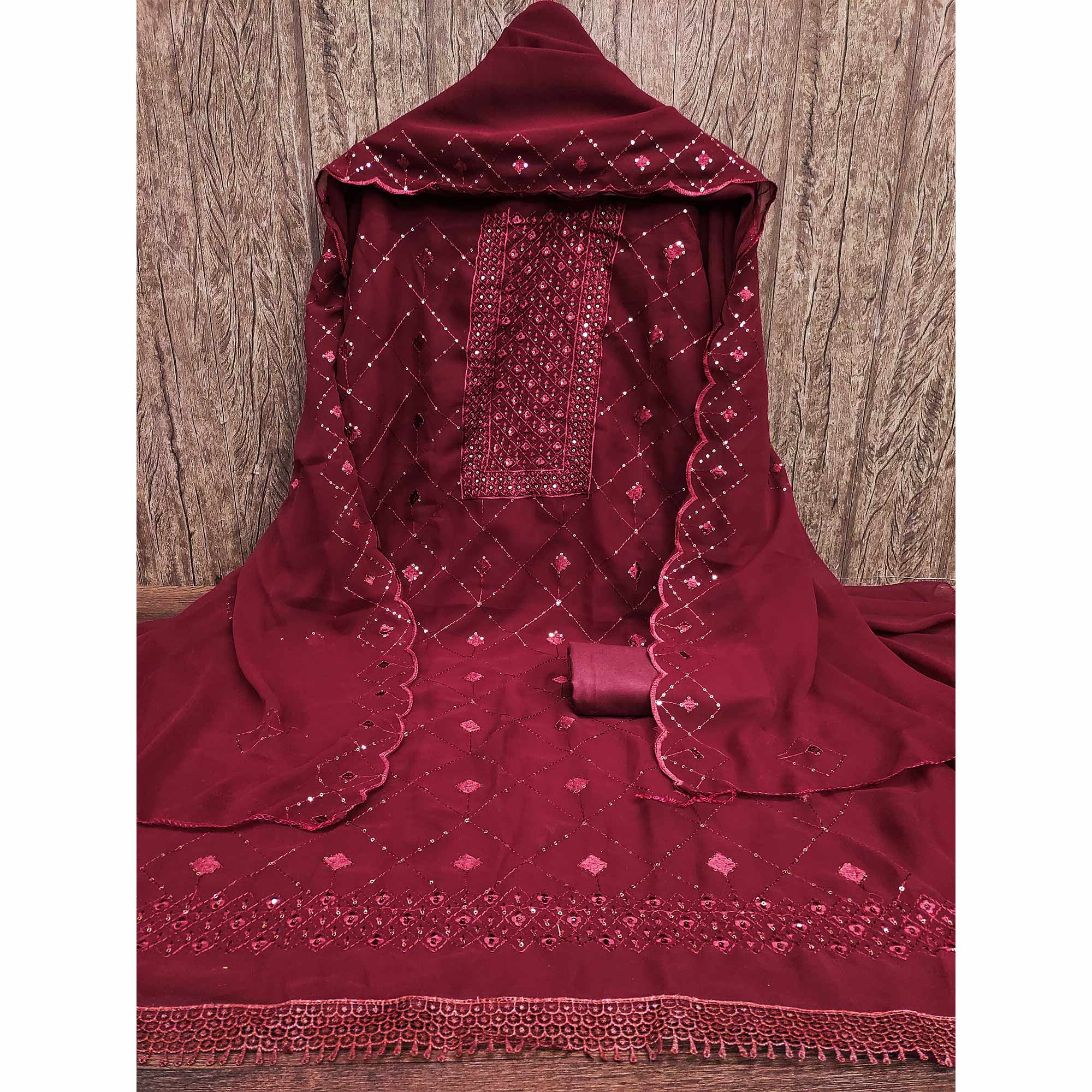 Maroon Georgette Dress Material Featuring Delicate Thread Embroidery & Sequin Accent