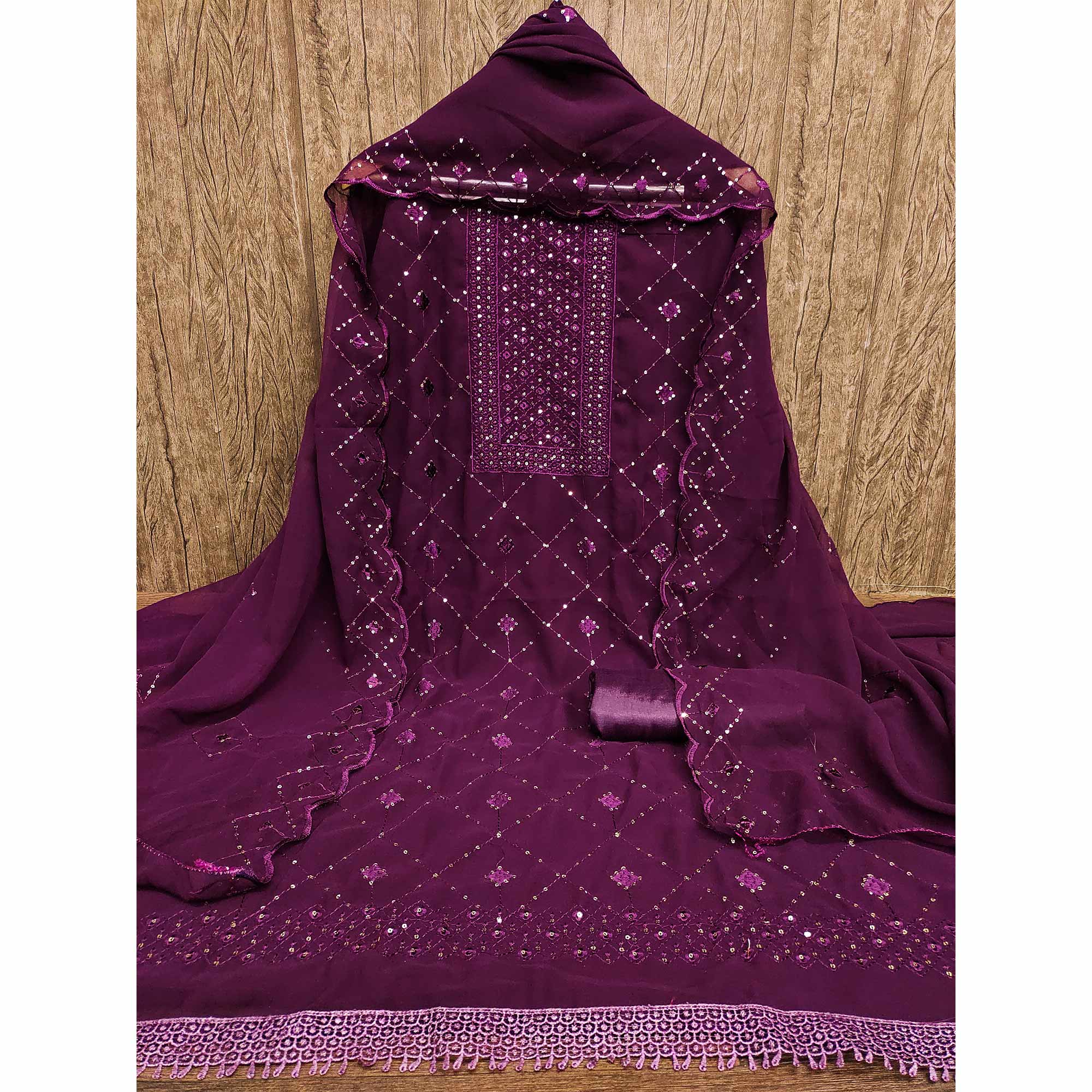 Wine Georgette Dress Material Featuring Delicate Thread Embroidery & Sequin Accent