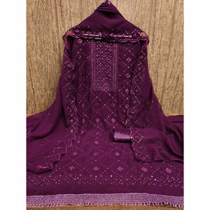 Wine Georgette Dress Material Featuring Delicate Thread Embroidery & Sequin Accent