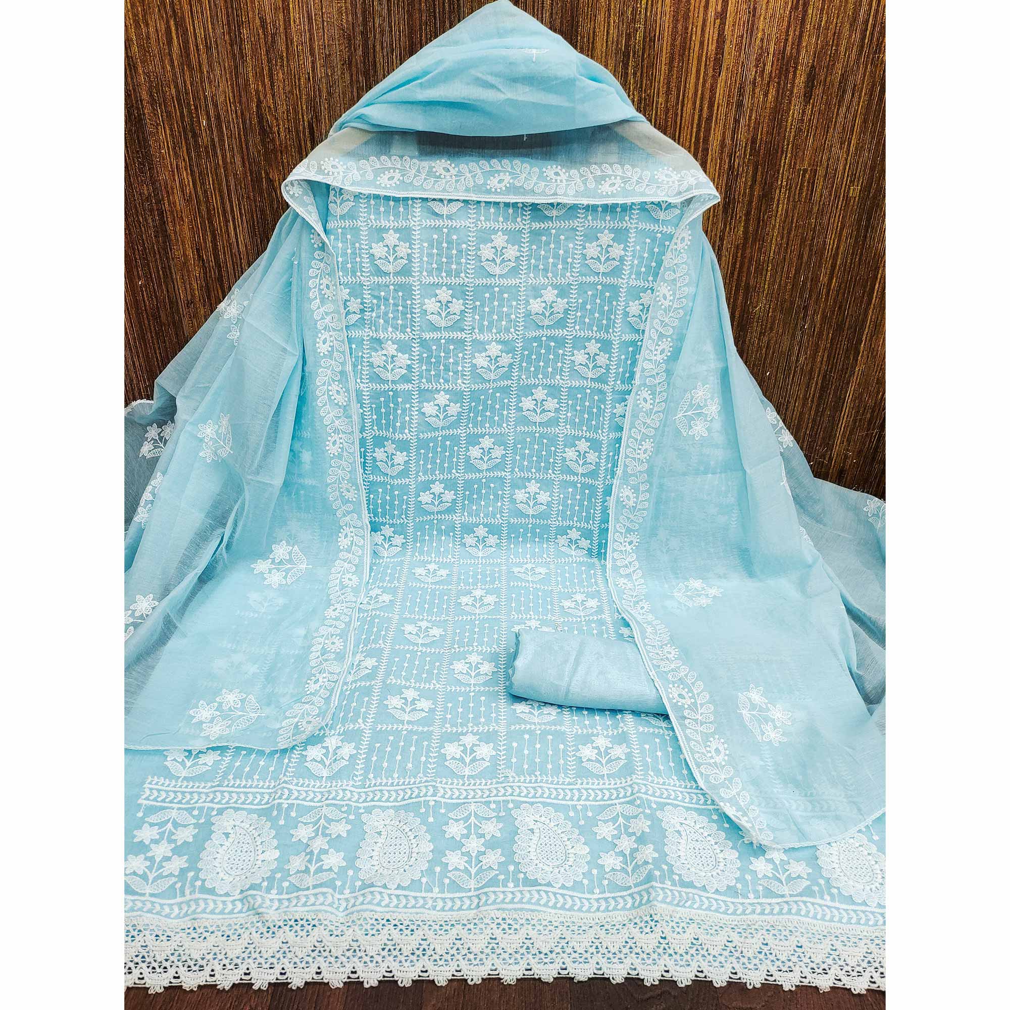 Blue Floral Embroidered Chanderi Cotton Dress Material
