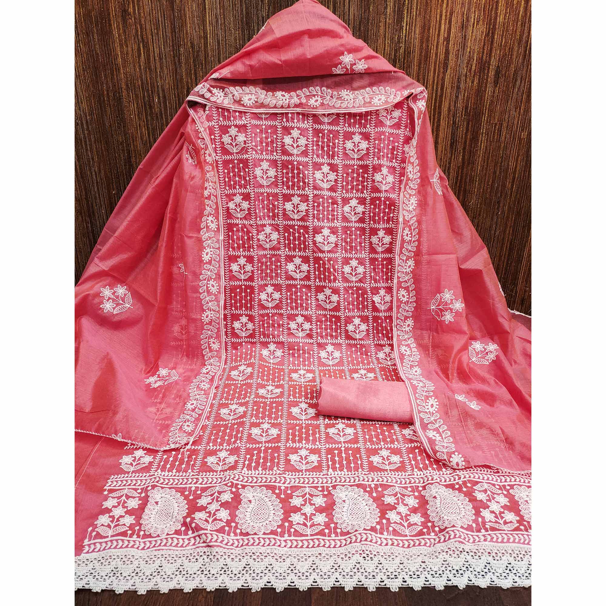 Gajari Pink Floral Embroidered Chanderi Cotton Dress Material