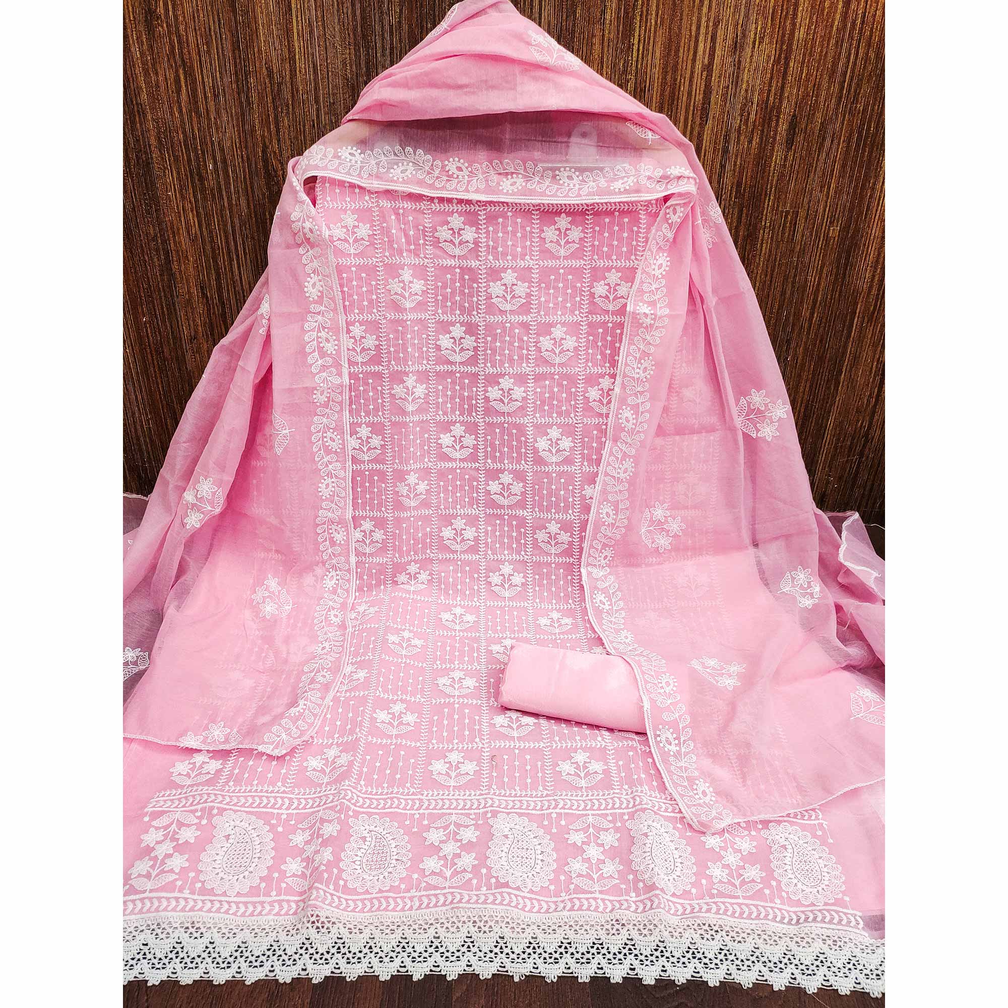 Light Pink Floral Embroidered Chanderi Cotton Dress Material