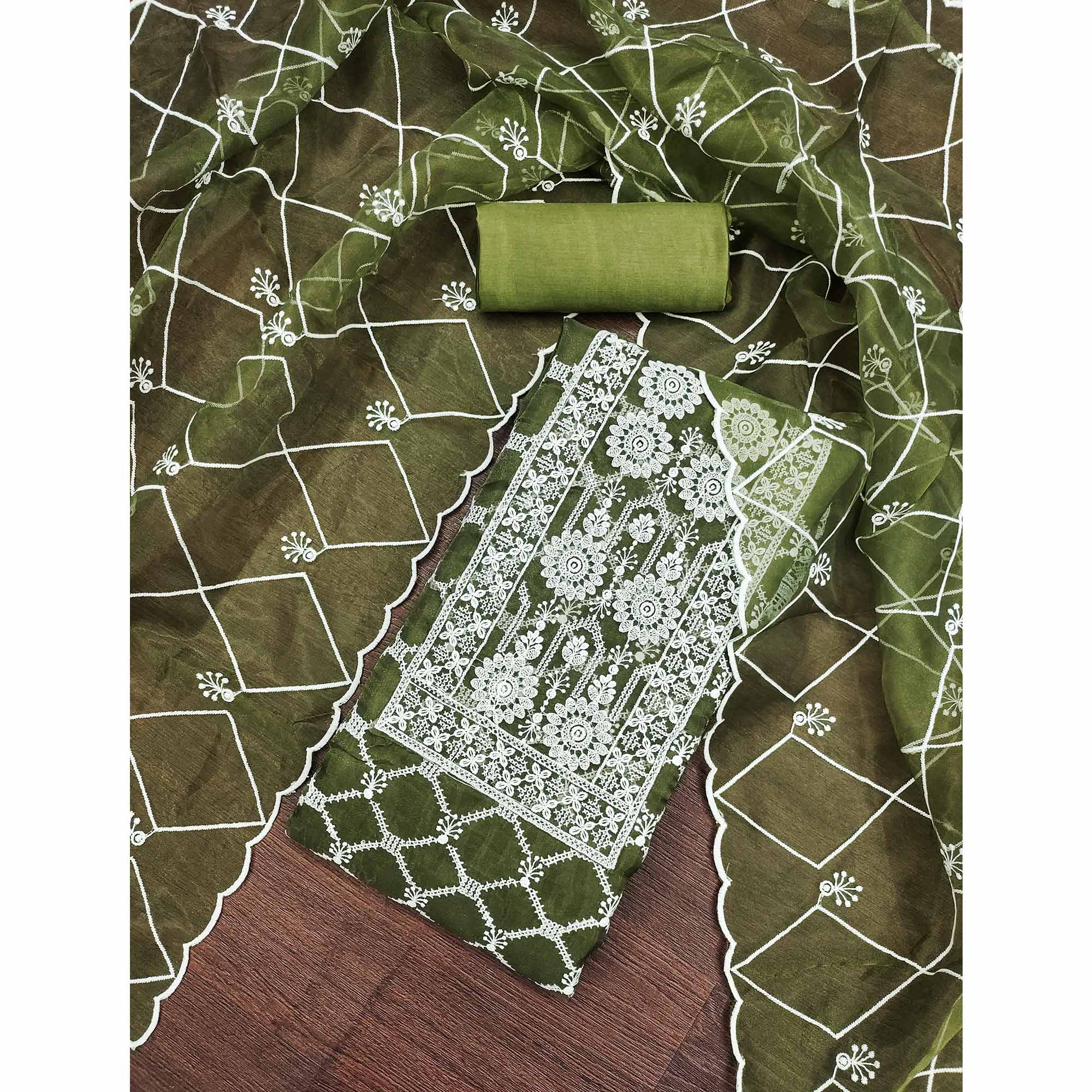 Green Sheer Organza Suit Material with Floral Embroidery Detailing