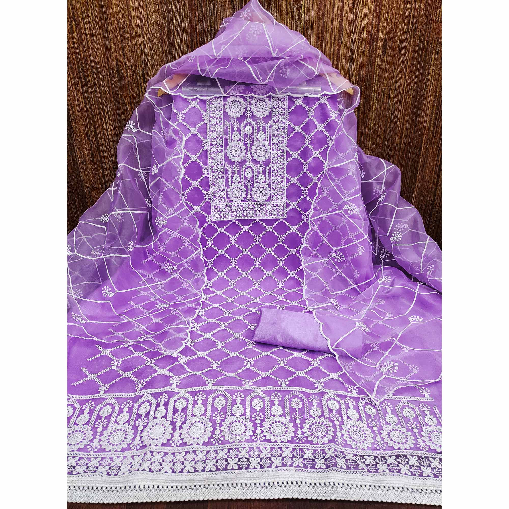 Lavender Floral Embroidered Organza Dress Material