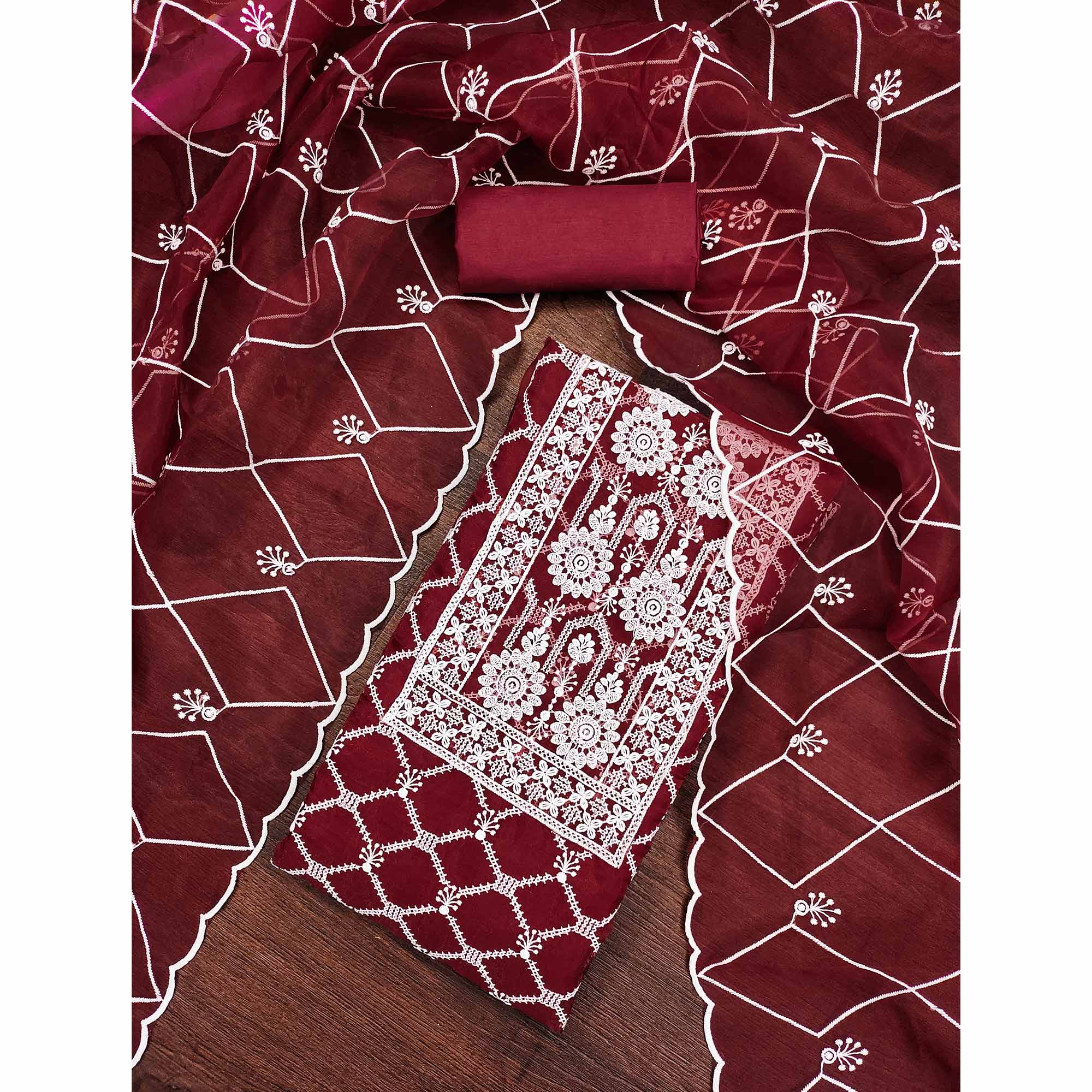 Maroon Sheer Organza Suit Material with Floral Embroidery Detailing