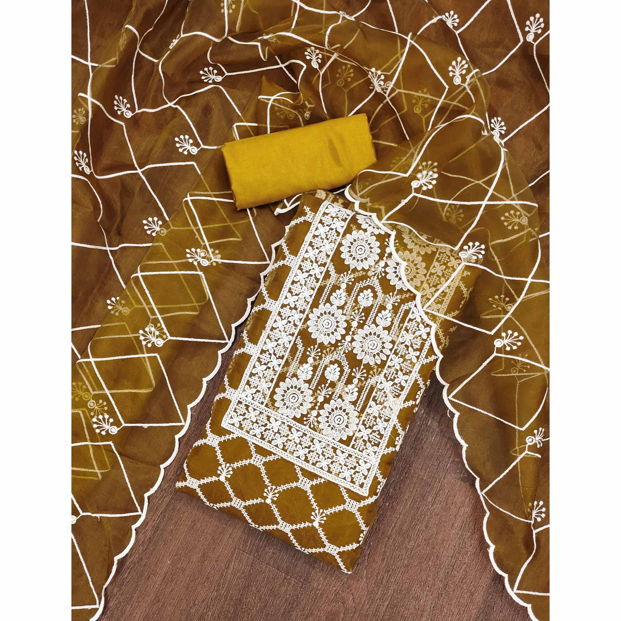 Mustard Sheer Organza Suit Material with Floral Embroidery Detailing