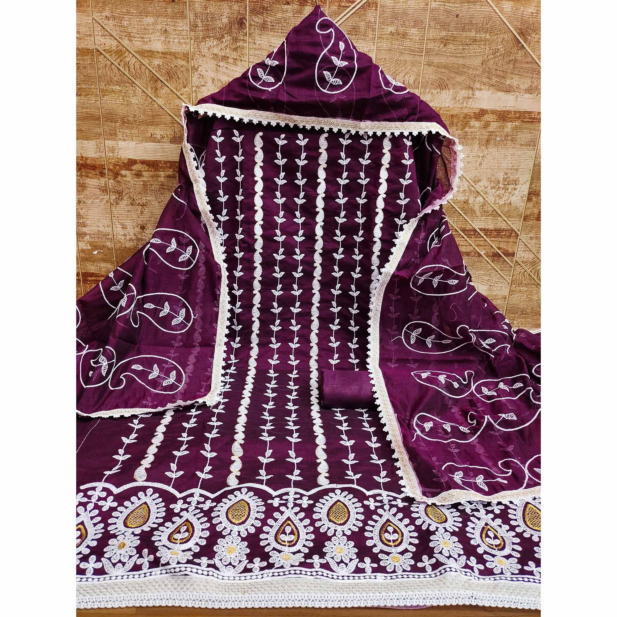Wine Floral Embroidered Chanderi Cotton Dress Material