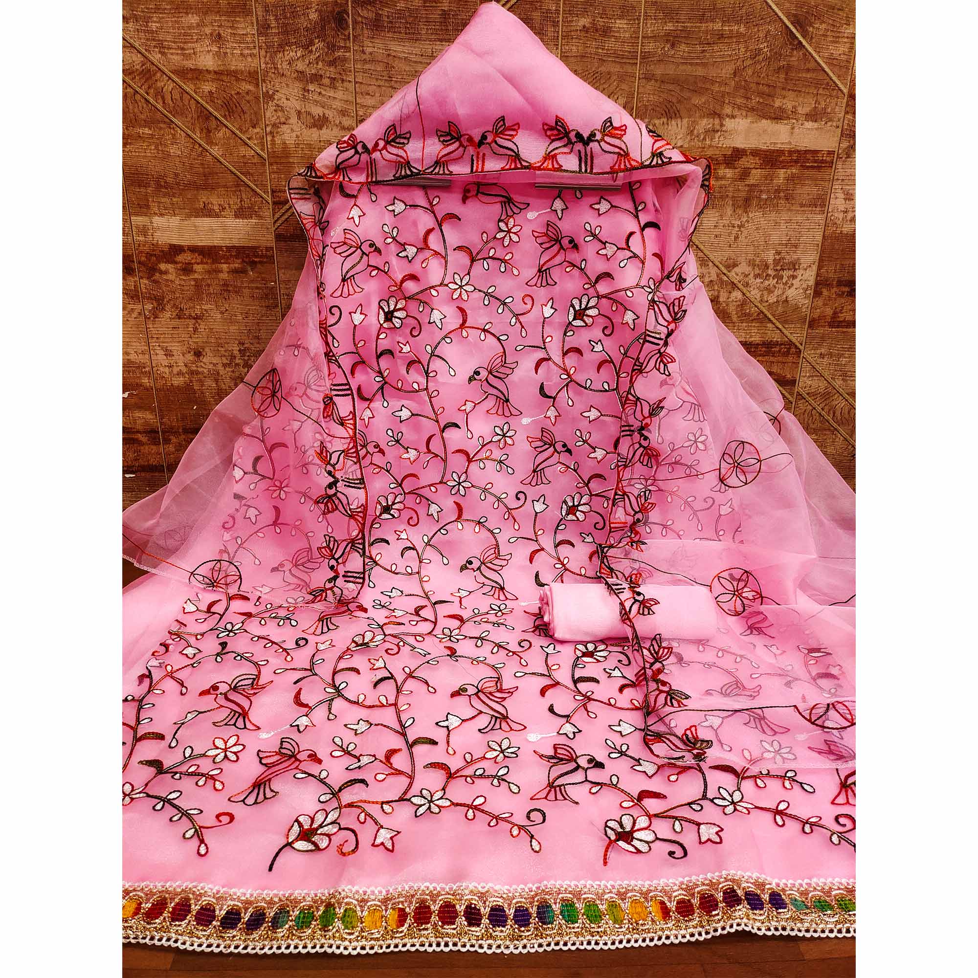 Pink Floral Embroidered Organza Dress Material