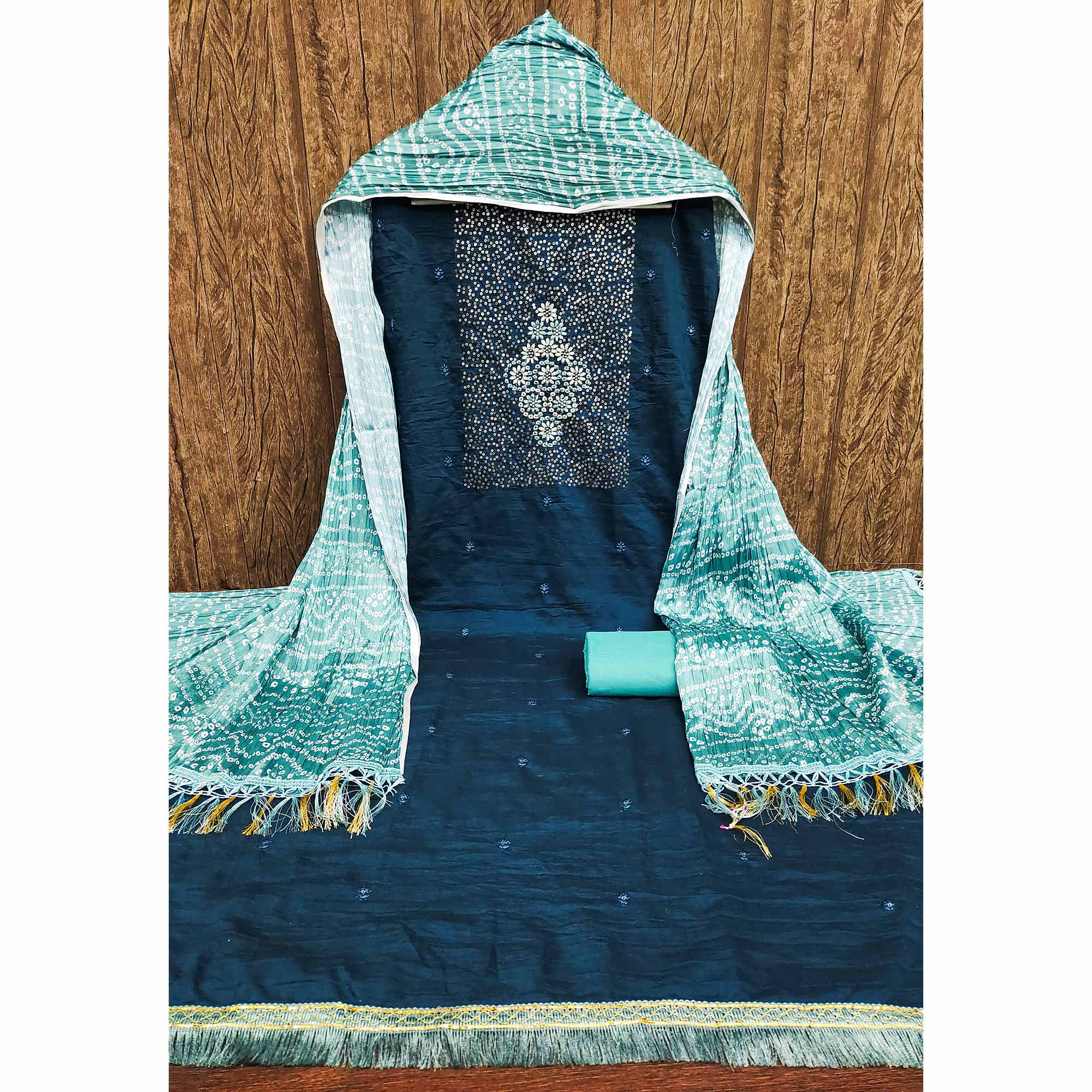 Blue Floral Embroidered Cotton Blend Dress Material Adorned With Sparkling Sequins Work