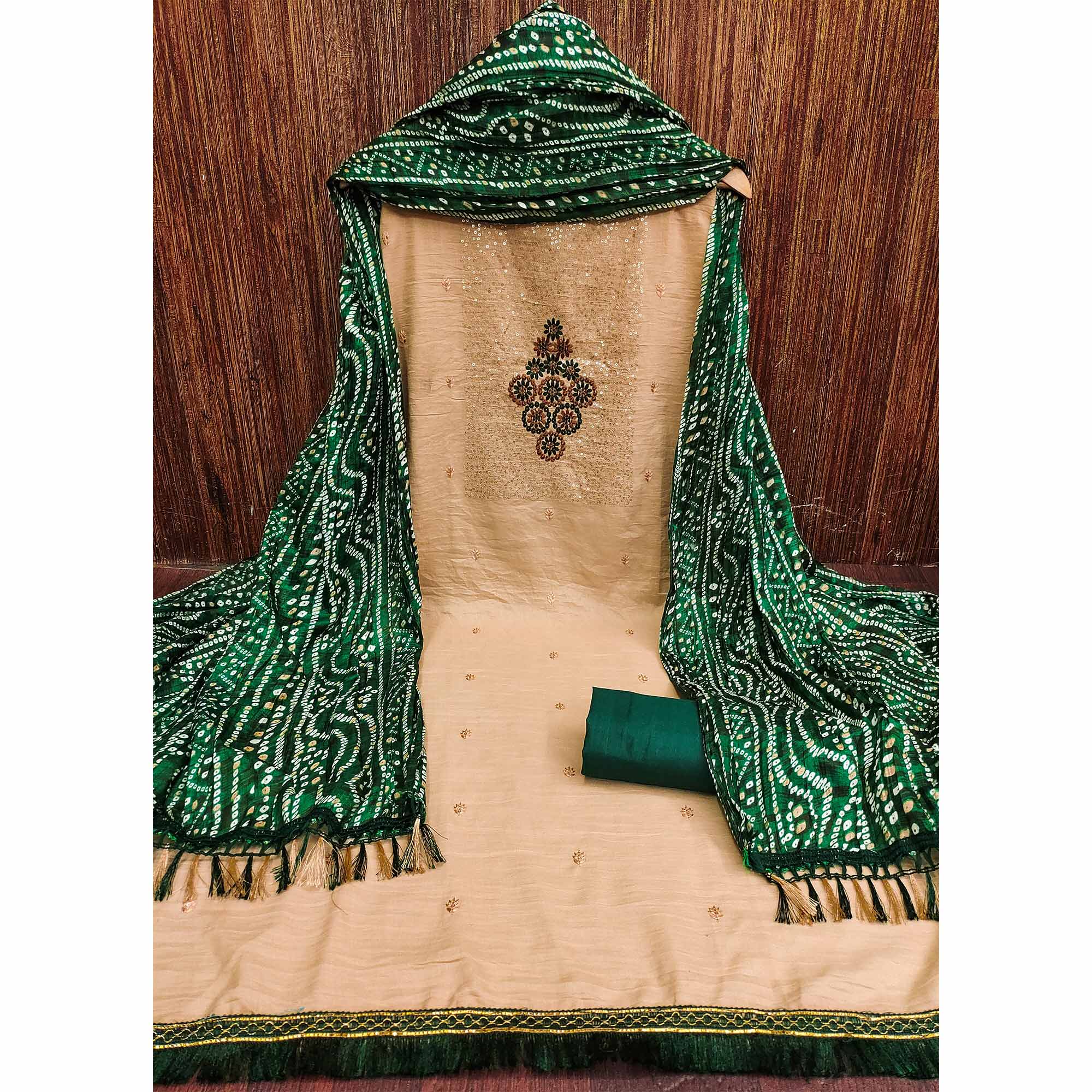 Chikoo Floral Embroidered Cotton Blend Dress Material Adorned With Sparkling Sequins Work