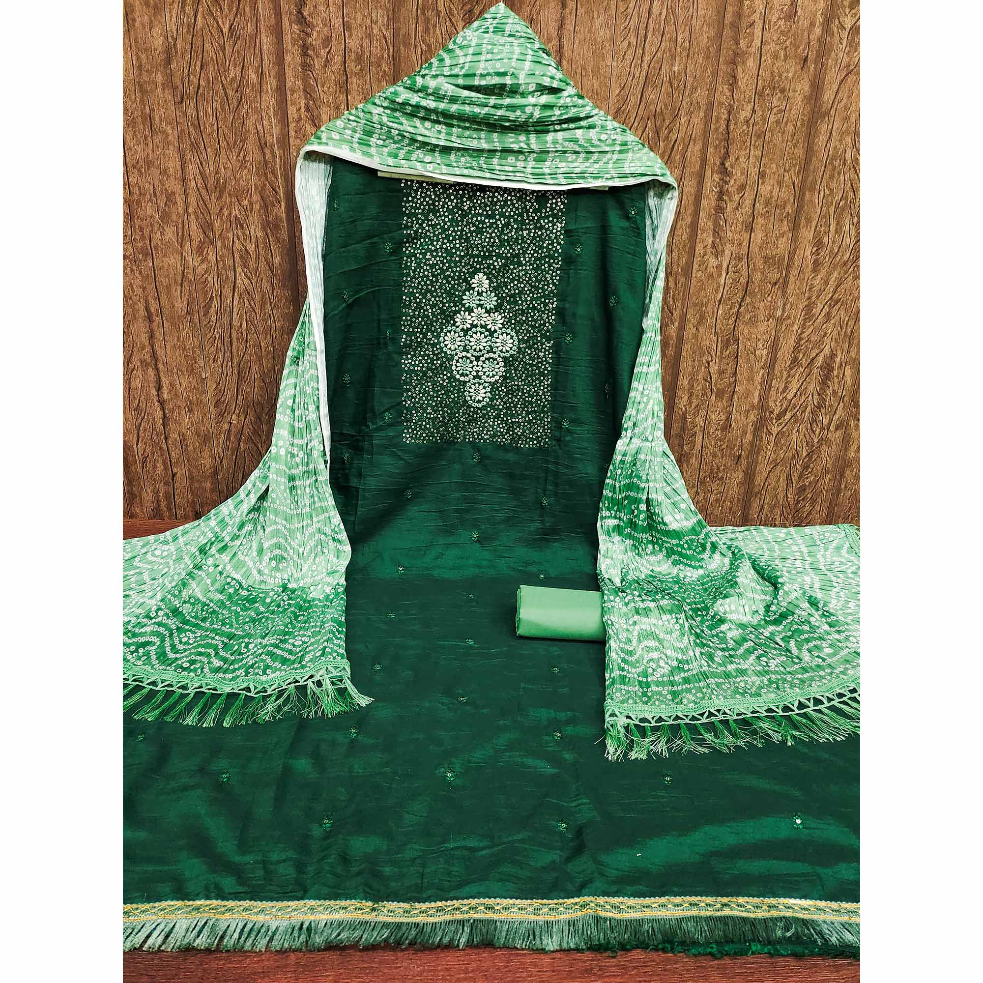 Green Floral Embroidered Cotton Blend Dress Material Adorned With Sparkling Sequins Work