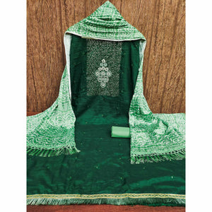 Green Floral Embroidered Cotton Blend Dress Material Adorned With Sparkling Sequins Work