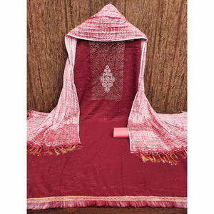 Maroon Floral Embroidered Cotton Blend Dress Material Adorned With Sparkling Sequins Work
