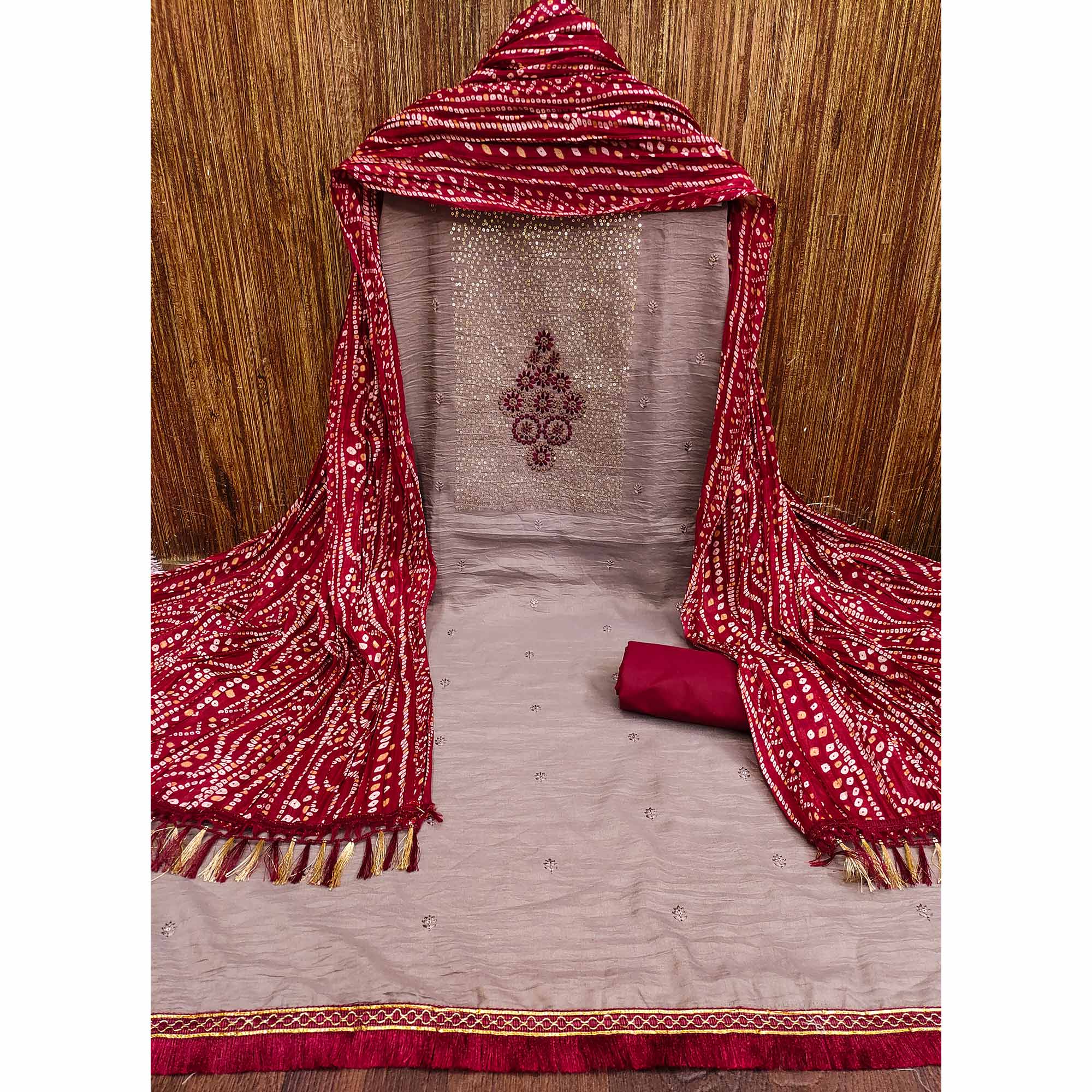 Mauve Floral Embroidered Cotton Blend Dress Material Adorned With Sparkling Sequins Work