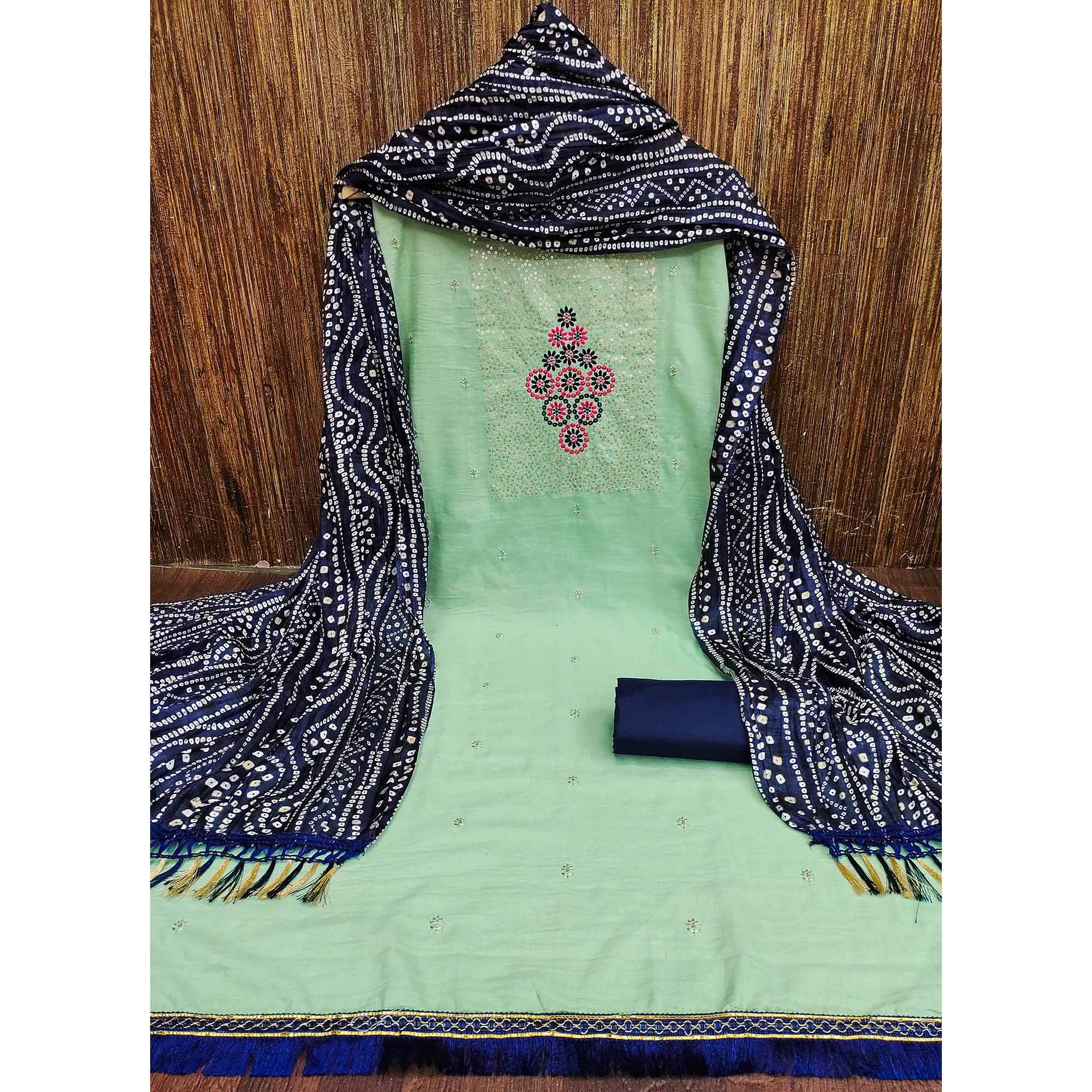 Sea Green Floral Embroidered Cotton Blend Dress Material Adorned With Sparkling Sequins Work