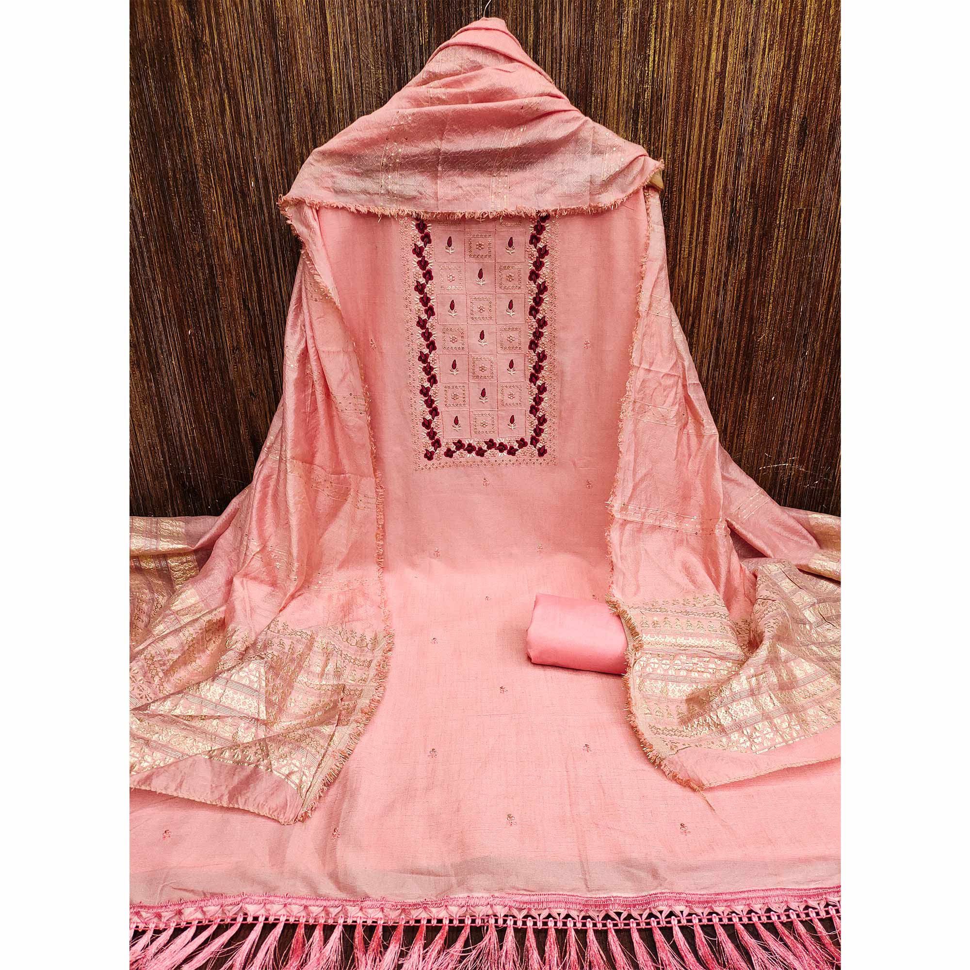 Peach Floral Embroidery Cotton Blend Dress Material Enhanced With Shimmering Sequins Work