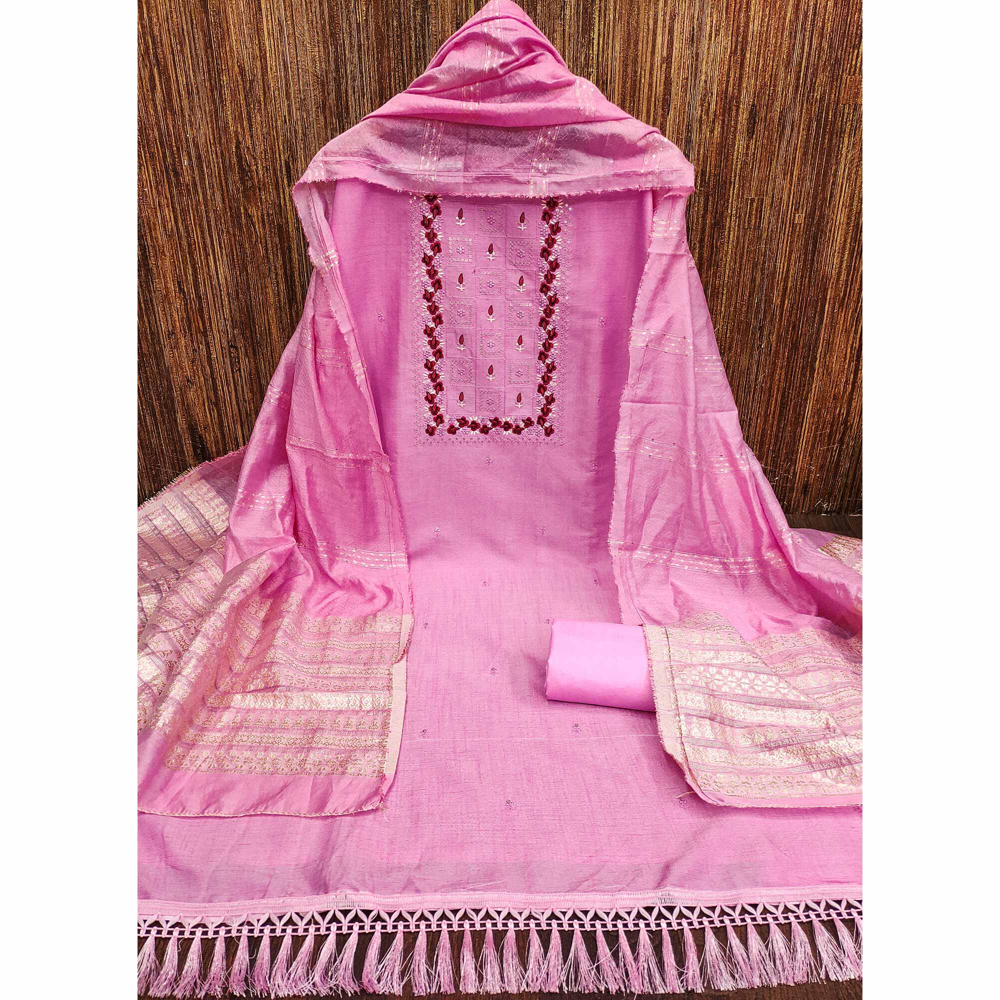 Pink Floral Embroidery Cotton Blend Dress Material Enhanced With Shimmering Sequins Work