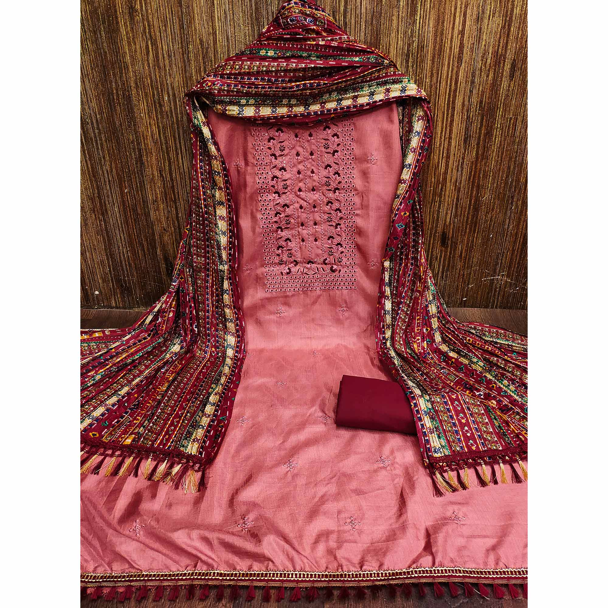 Gajari Pink Floral Sequins Embroidered Cotton Silk Dress Material