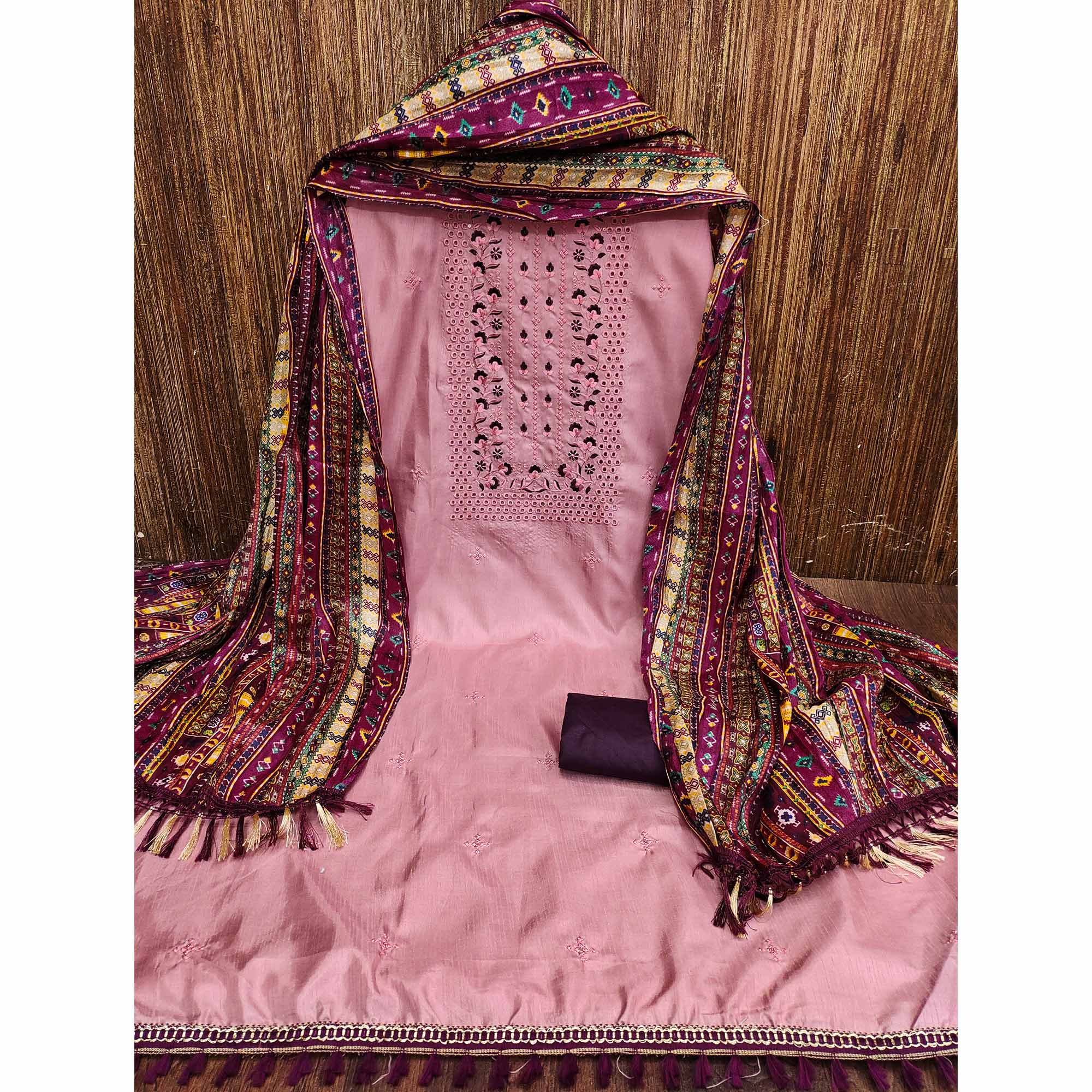 Pink Floral Sequins Embroidered Cotton Silk Dress Material