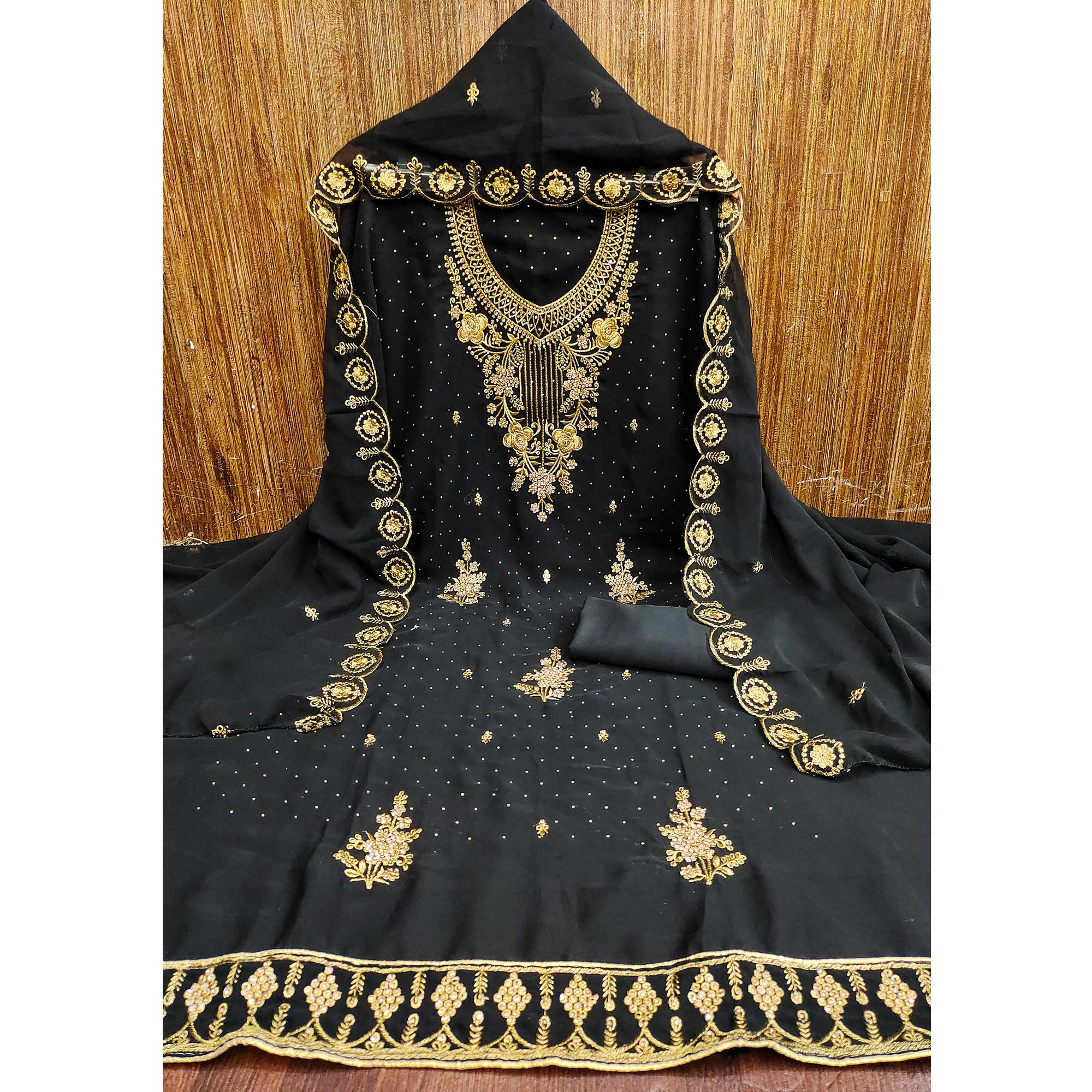 Black Georgette Dress Material Accented With Delicate Floral Embroidery