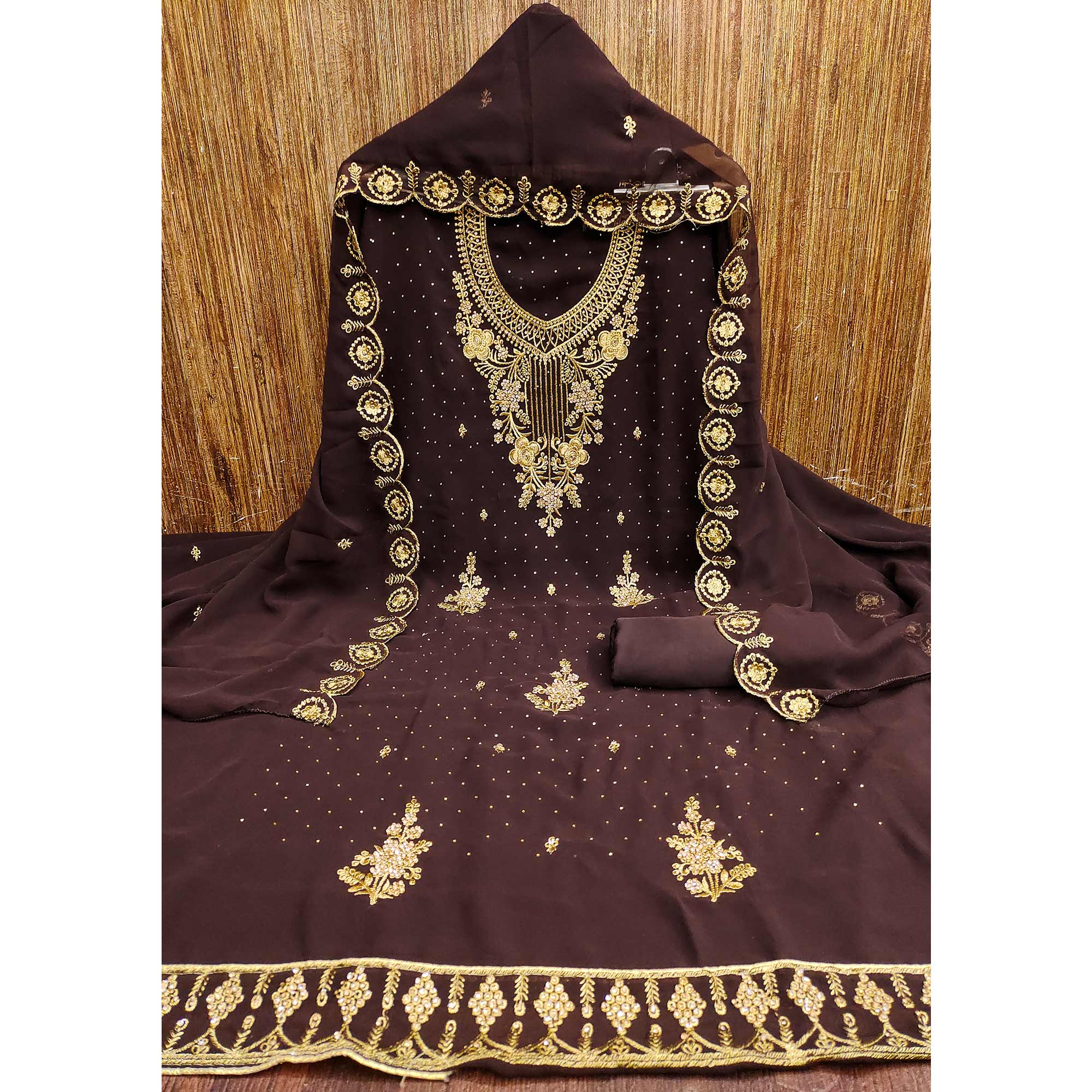 Brown Georgette Dress Material Accented With Delicate Floral Embroidery
