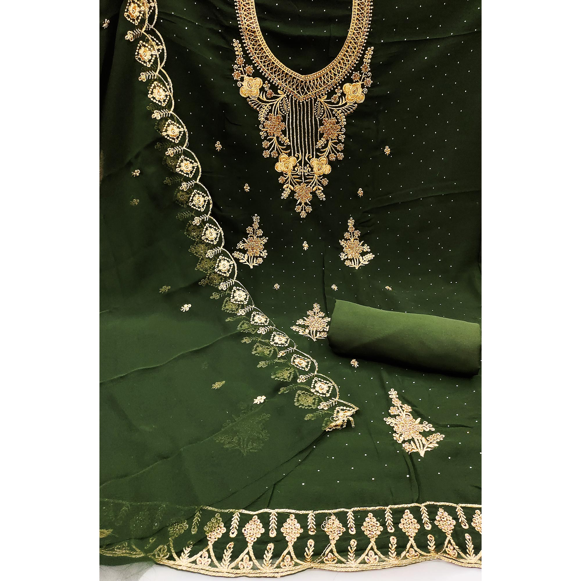 Mehendi Green Floral Embroidered Georgette Dress Material
