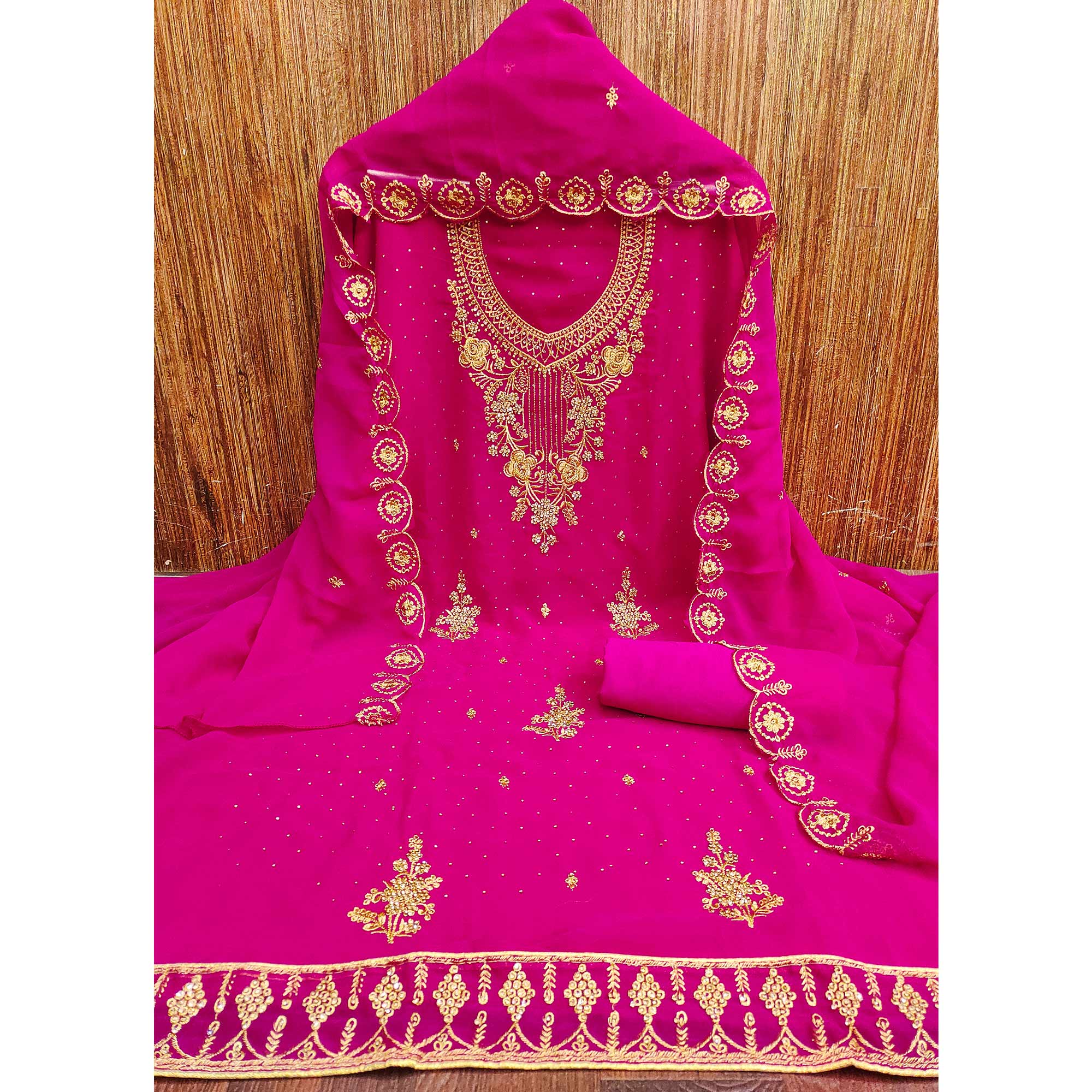 Rani Pink Georgette Dress Material Accented With Delicate Floral Embroidery