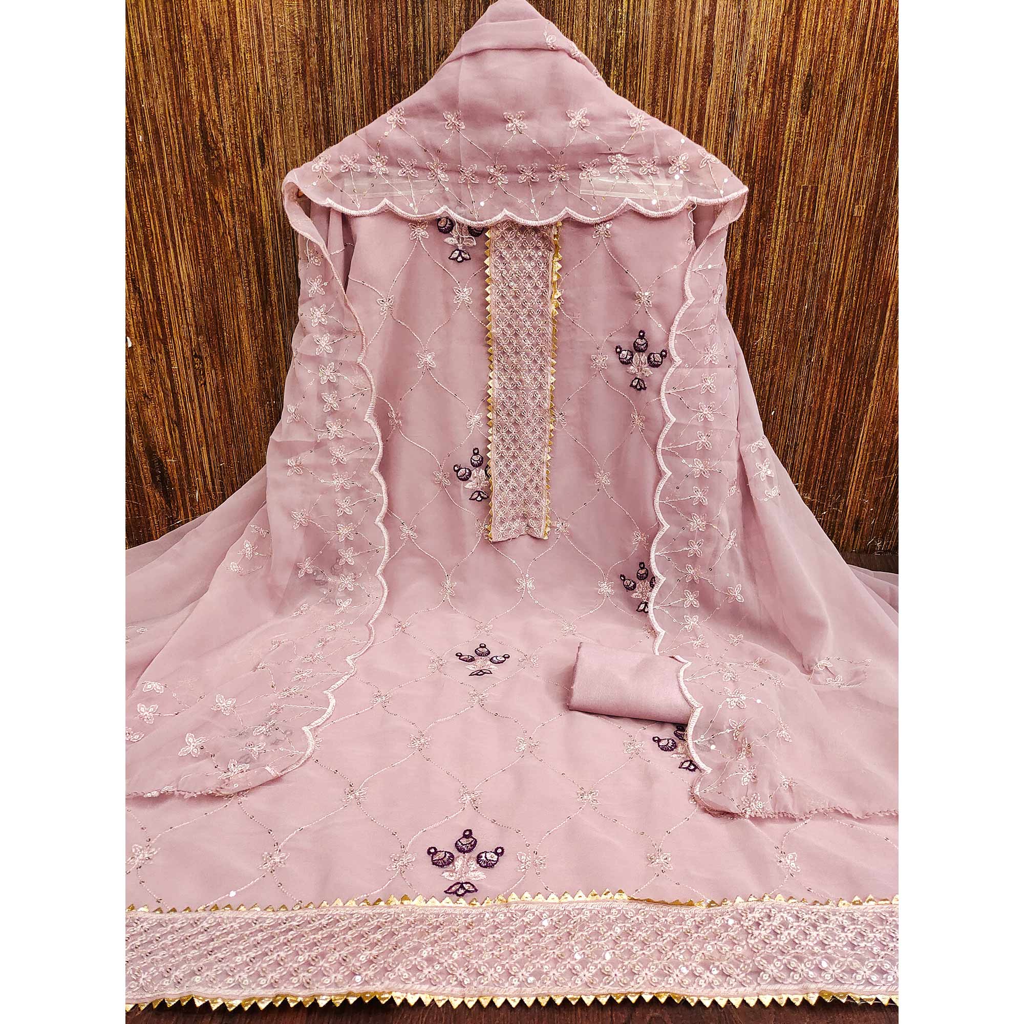 Pink Floral Sequins Embroidered Georgette Dress Material