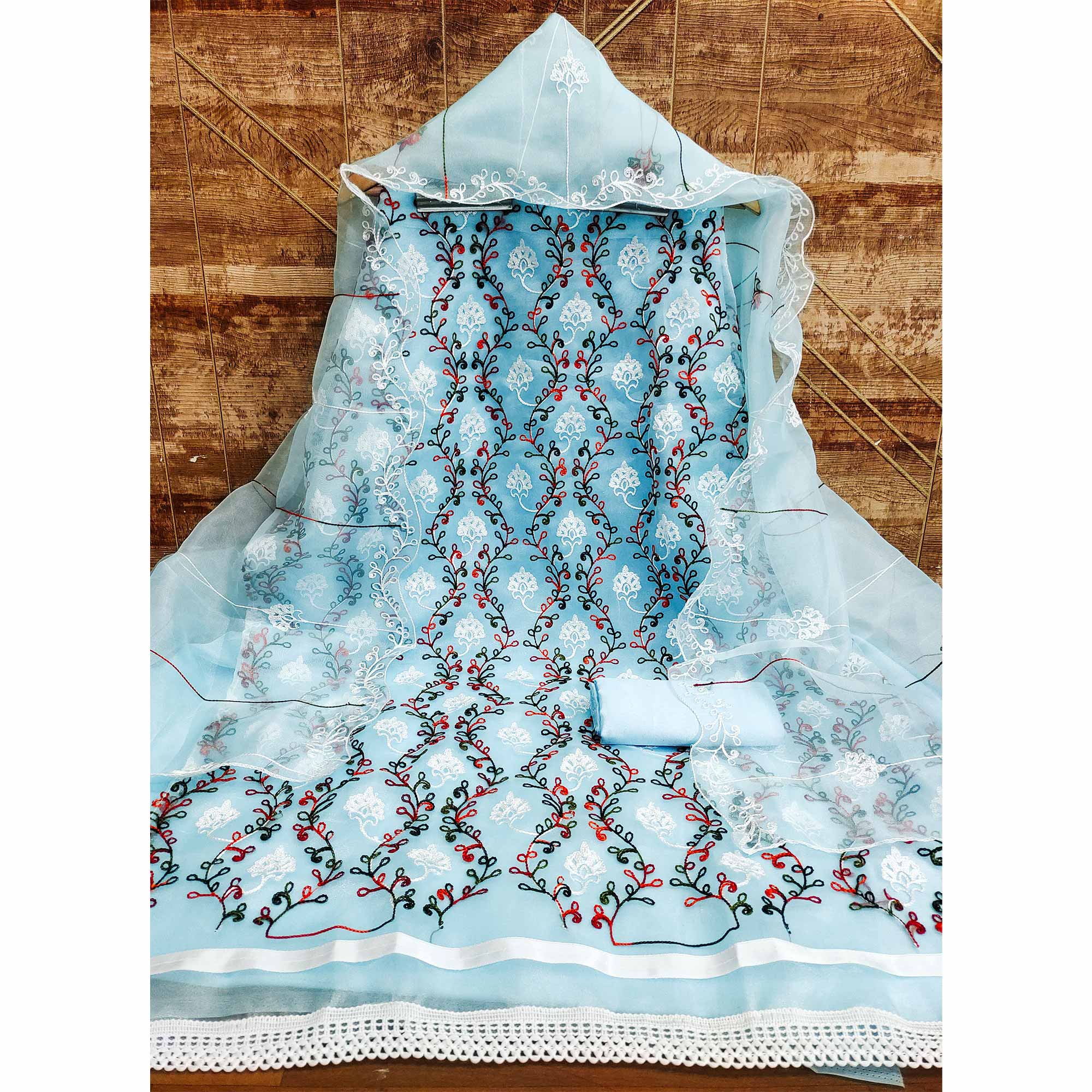 Elegant Blue Organza Dress Material Ensemble With Exquisite Floral Embroidery