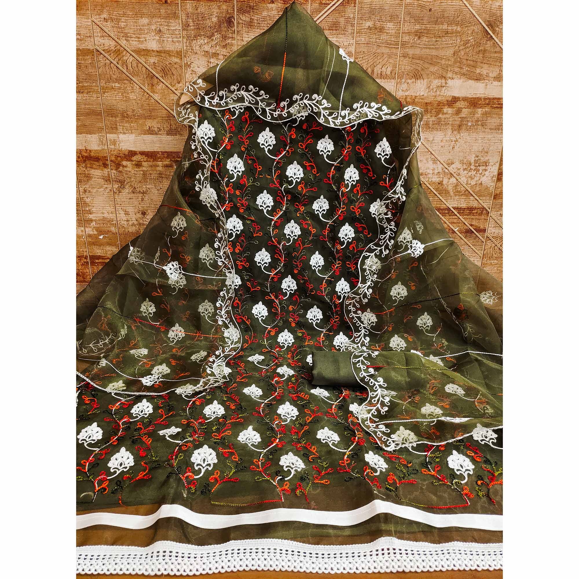 Elegant Mehendi Green Organza Dress Material Ensemble With Exquisite Floral Embroidery