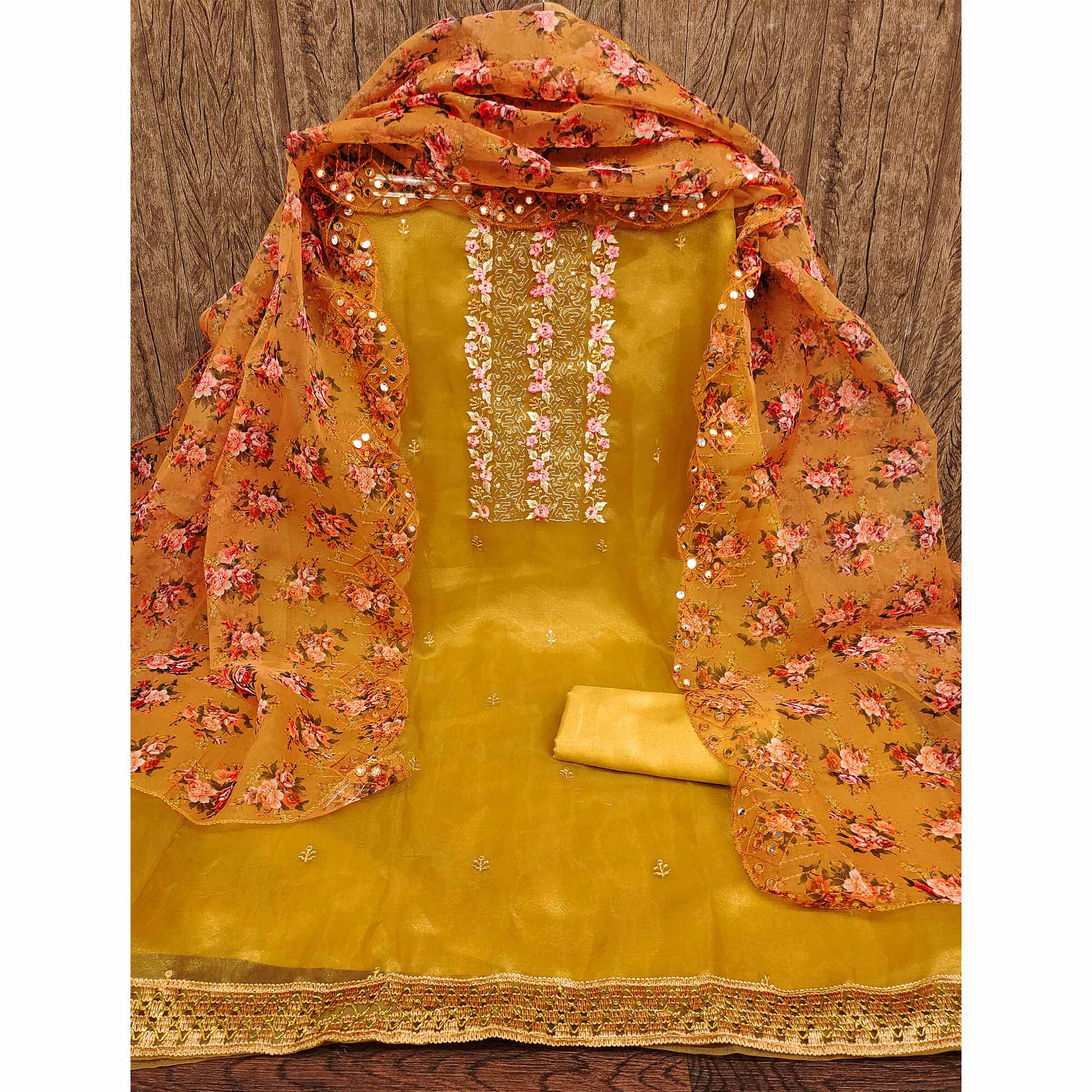 Mustard Organza Dress Material With Glimmering Floral Sequins Embroidery