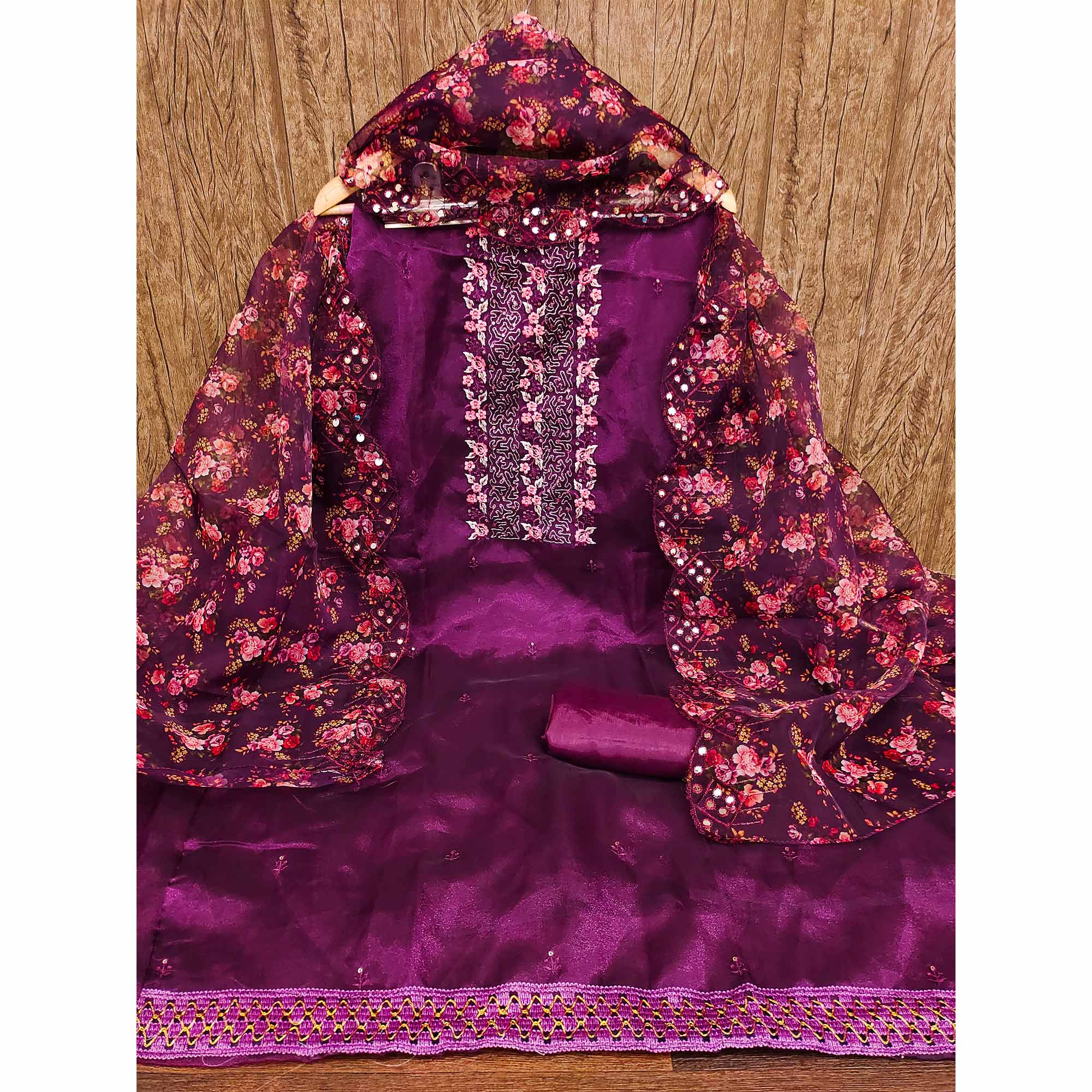 Purple Organza Dress Material With Glimmering Floral Sequins Embroidery