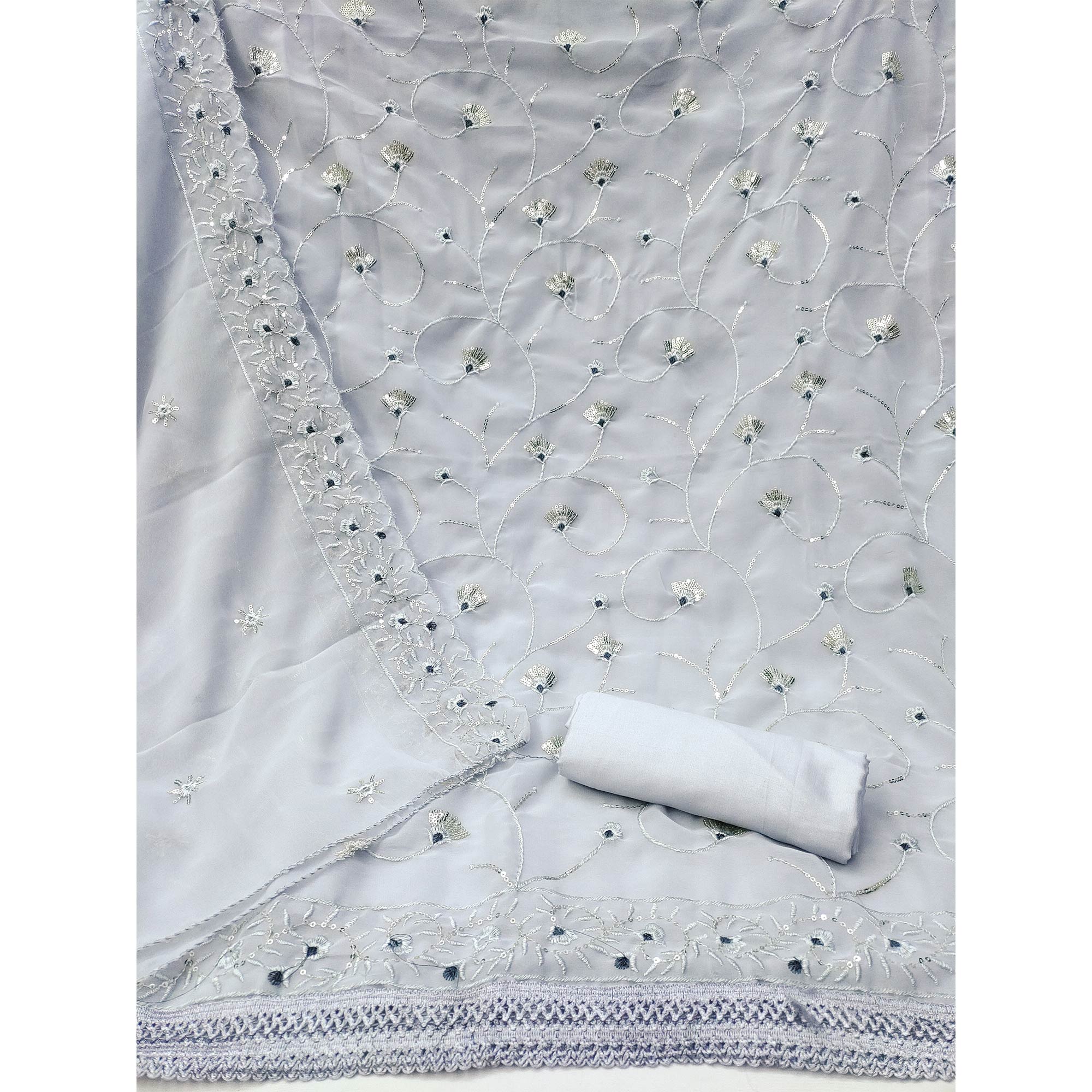 Grey Floral Sequins Embroidered Georgette Dress Material